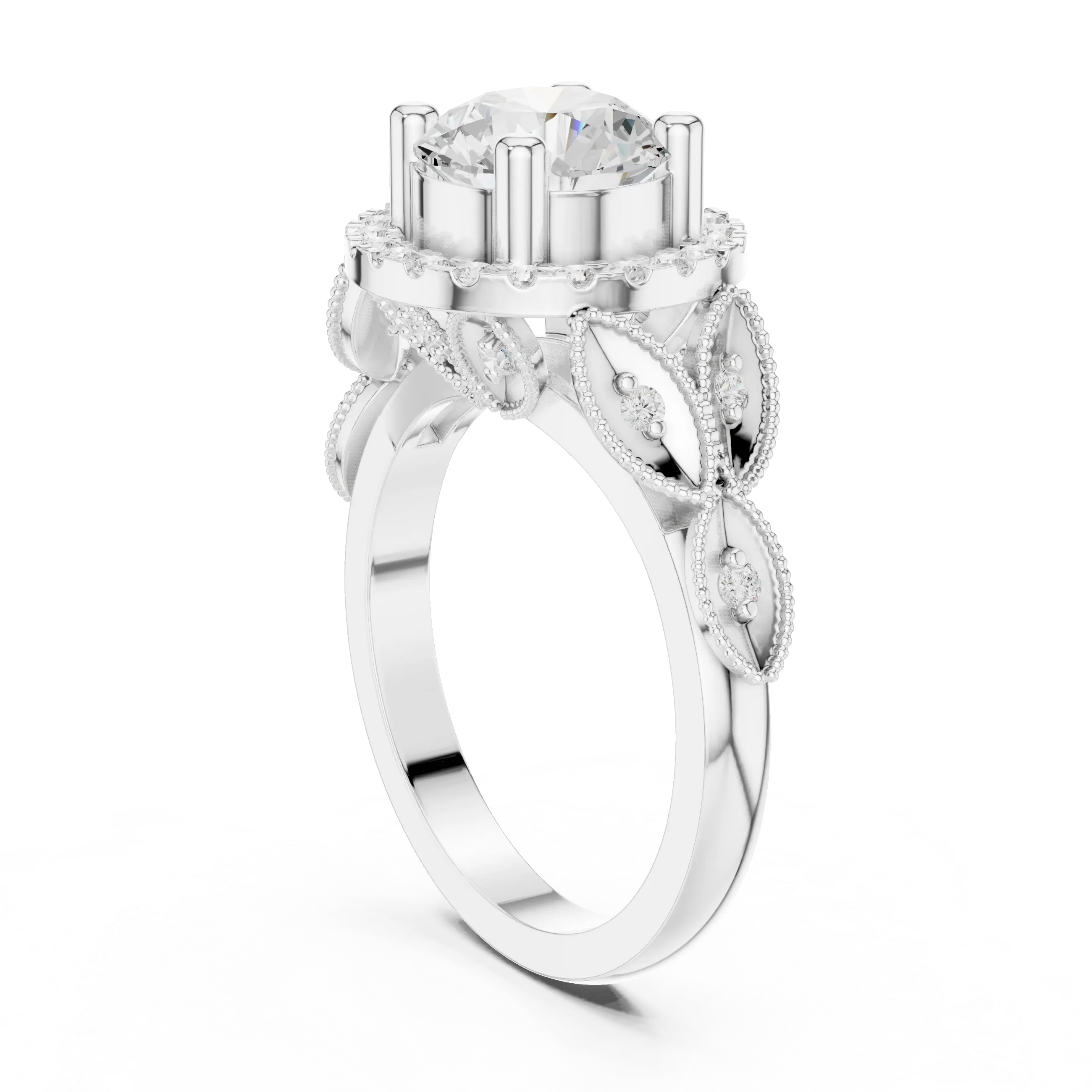 18K White Gold Round Diamond Floral Halo Engagement Ring