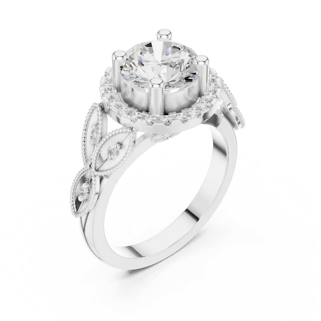 18K White Gold Round Diamond Floral Halo Engagement Ring