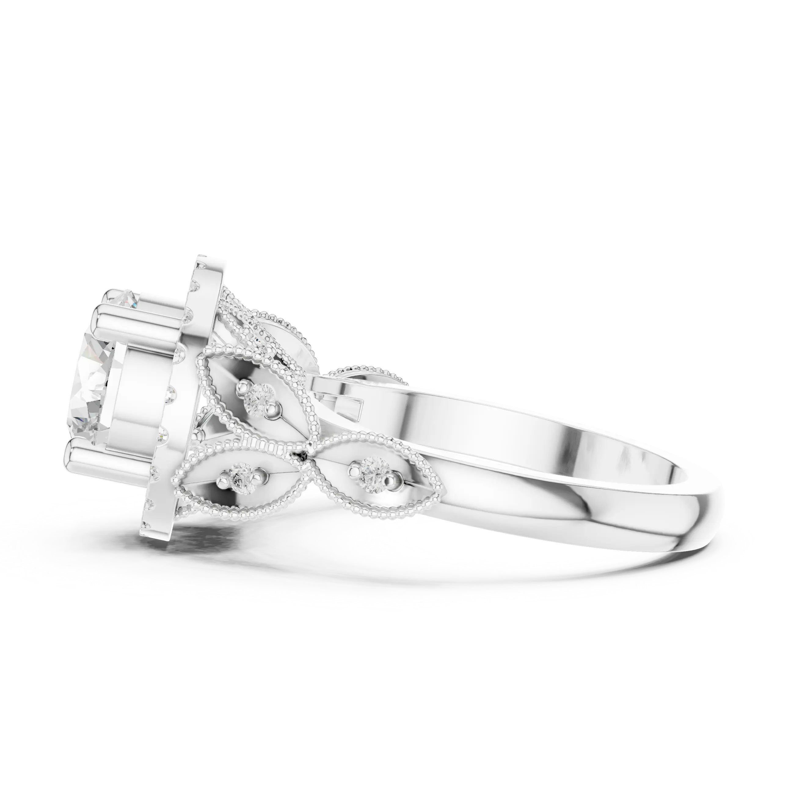 18K White Gold Round Diamond Floral Halo Engagement Ring