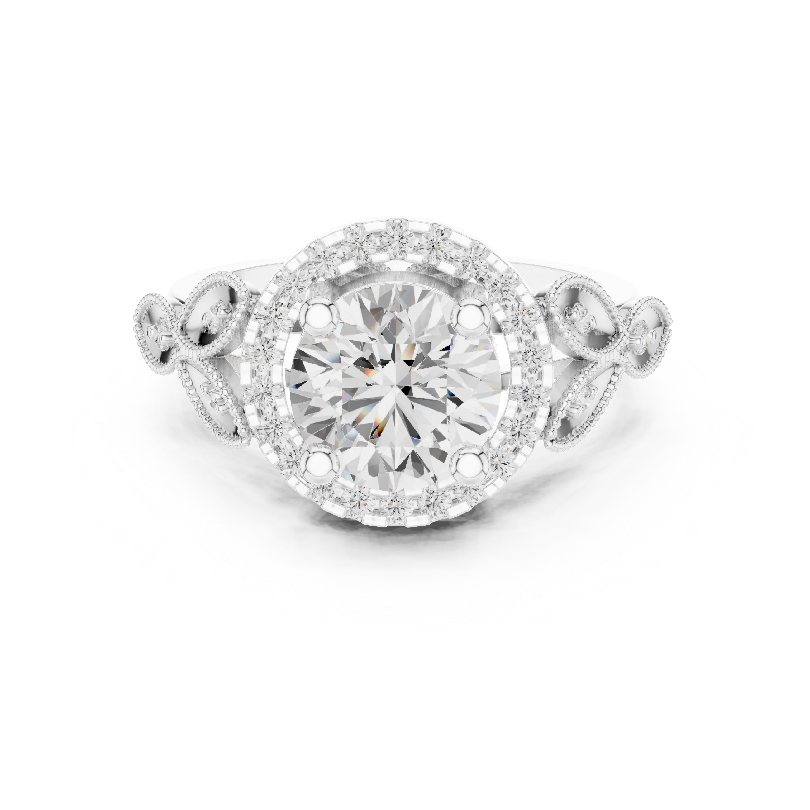18K White Gold Round Diamond Floral Halo Engagement Ring