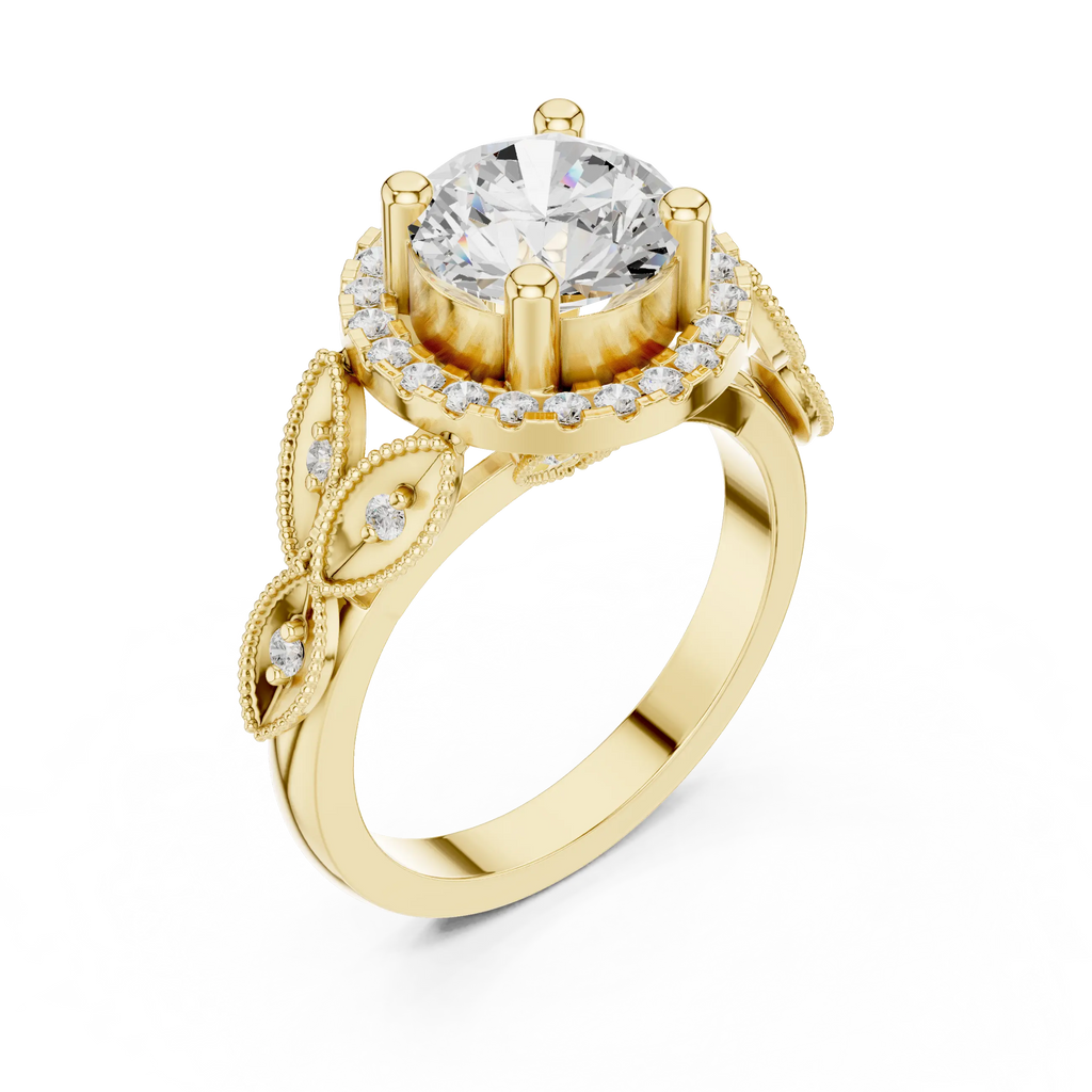 18K White Gold Round Diamond Floral Halo Engagement Ring