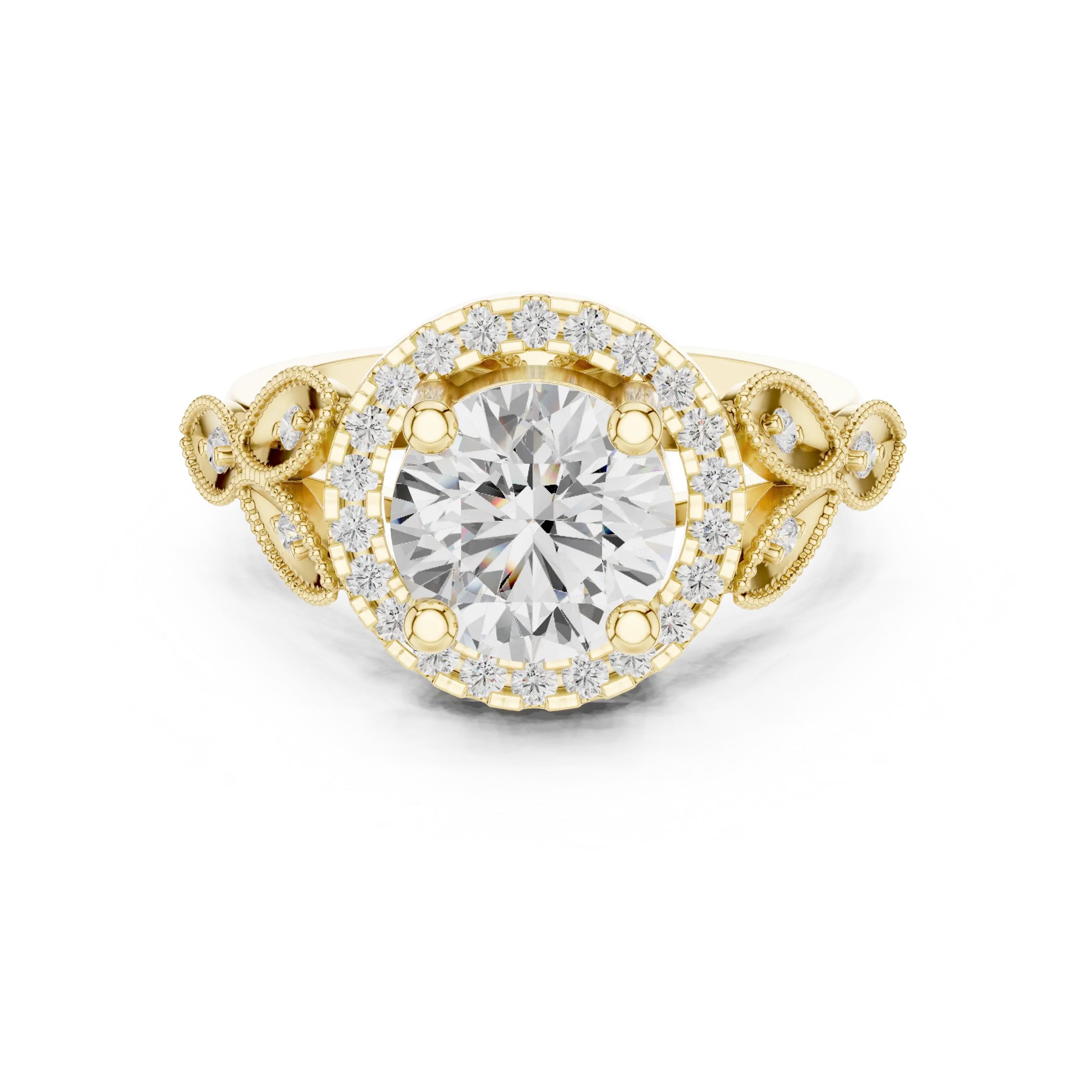 18K White Gold Round Diamond Floral Halo Engagement Ring