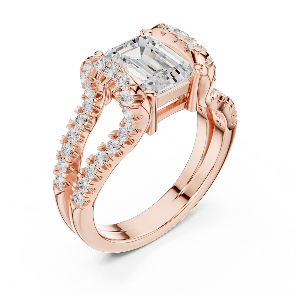 14K White Gold Emerald Cut Diamond U-Shape Split Shank Ring