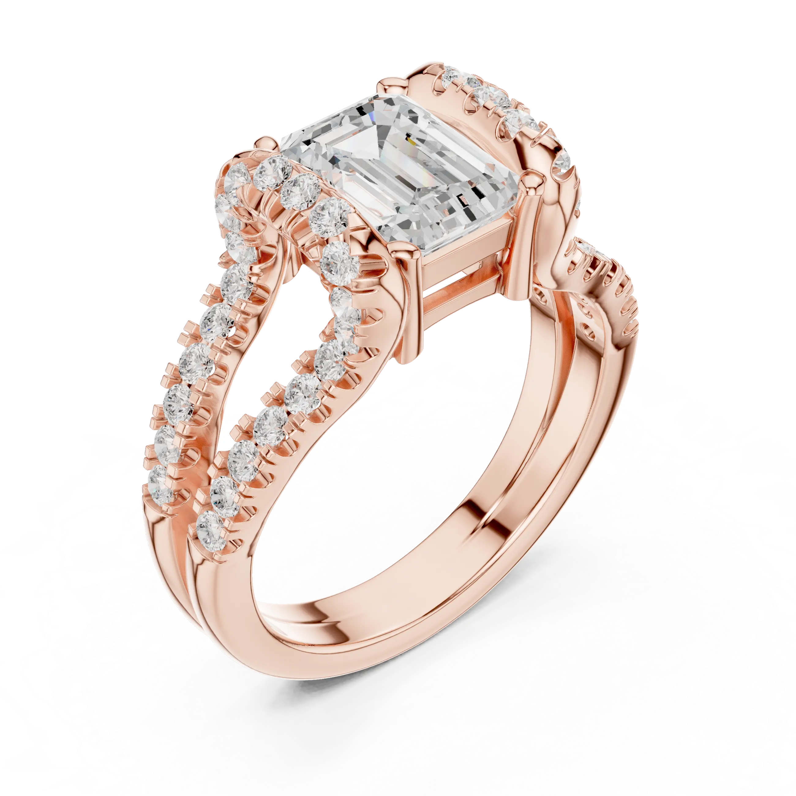 14K White Gold Emerald Cut Diamond U-Shape Split Shank Ring
