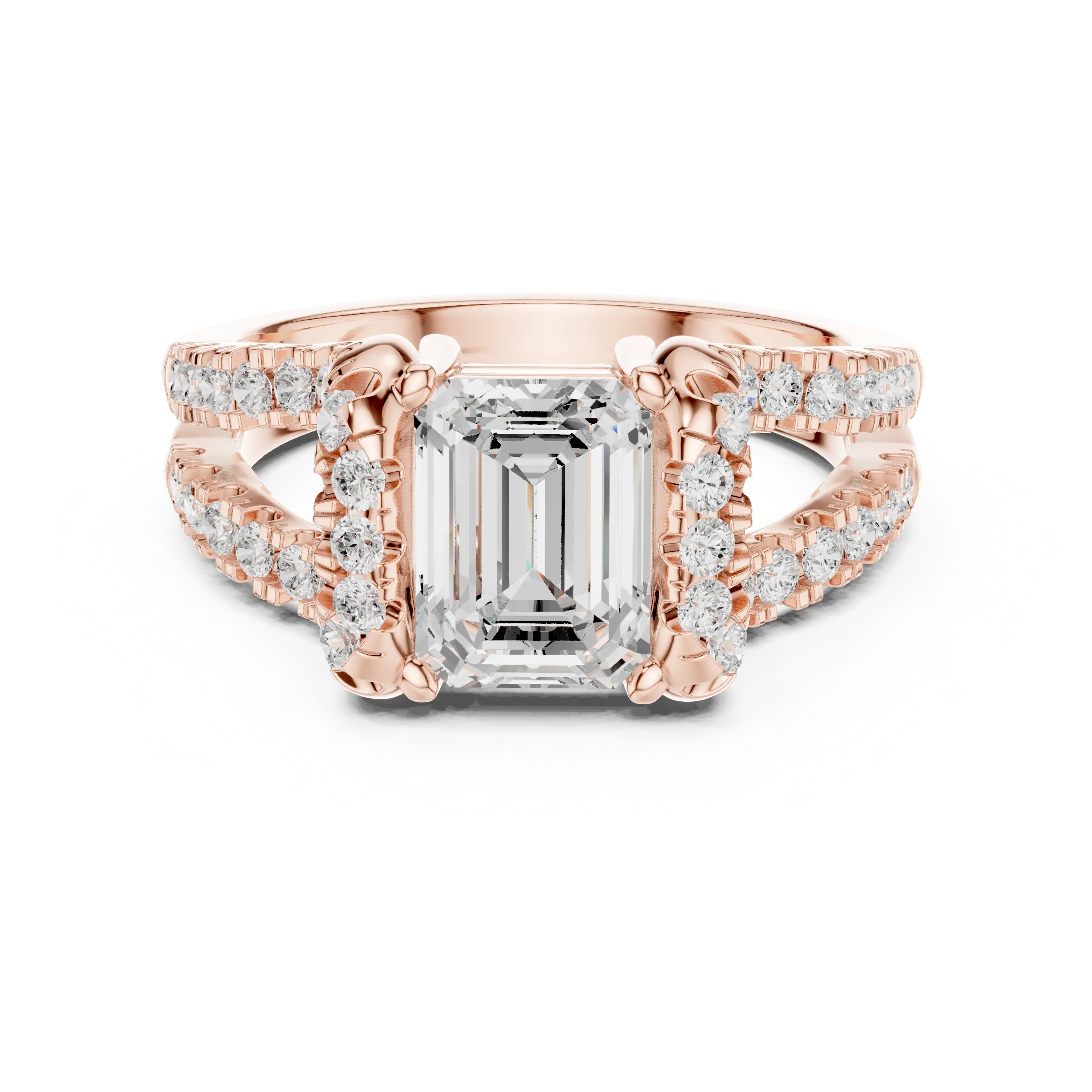 14K White Gold Emerald Cut Diamond U-Shape Split Shank Ring