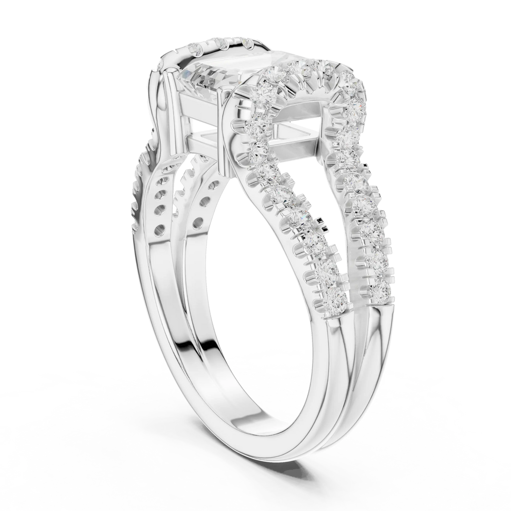 14K White Gold Emerald Cut Diamond U-Shape Split Shank Ring