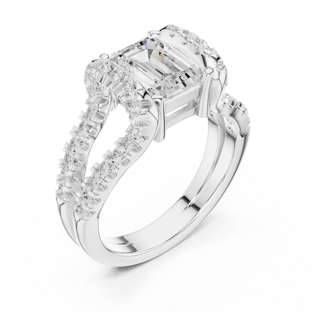 14K White Gold Emerald Cut Diamond U-Shape Split Shank Ring