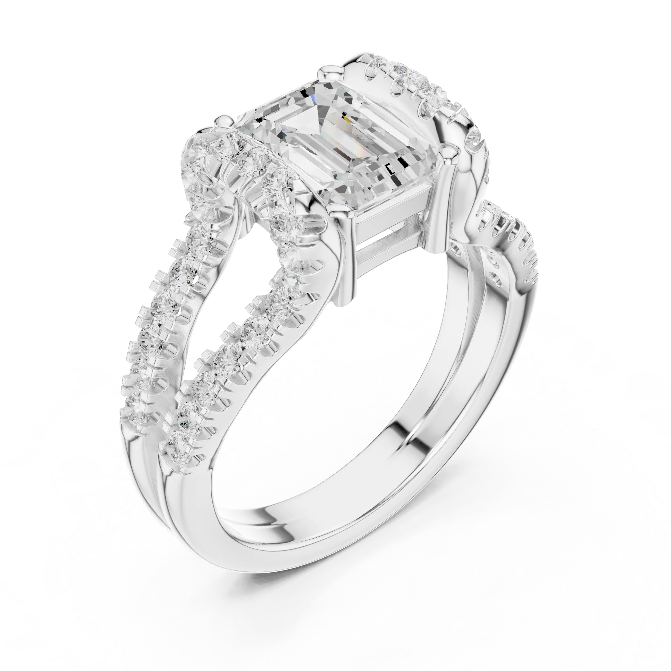 14K White Gold Emerald Cut Diamond U-Shape Split Shank Ring