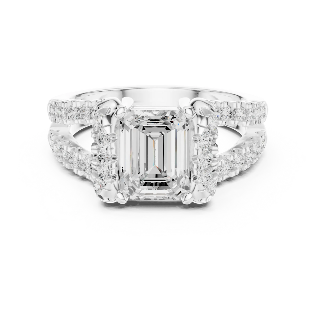 14K White Gold Emerald Cut Diamond U-Shape Split Shank Ring