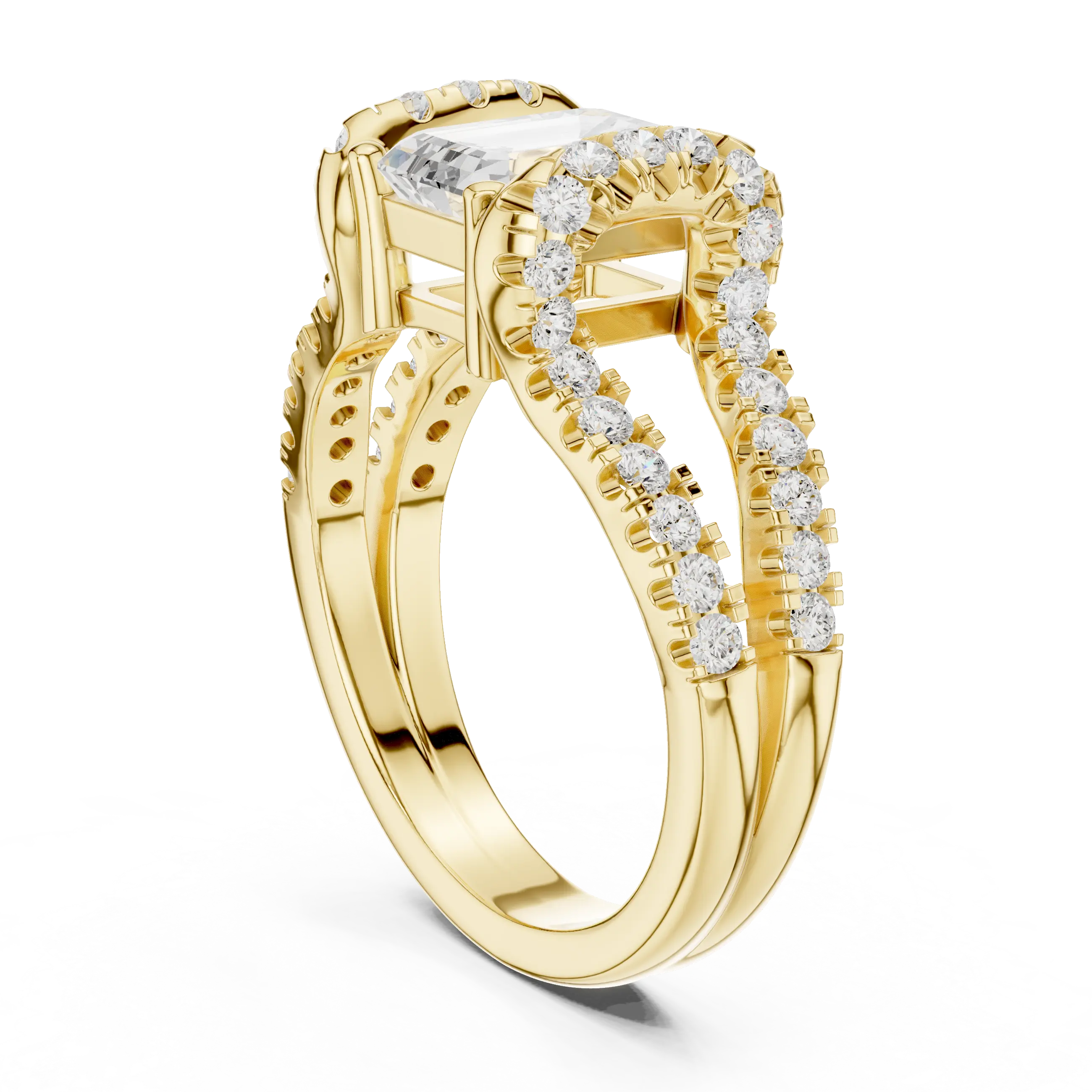 14K White Gold Emerald Cut Diamond U-Shape Split Shank Ring