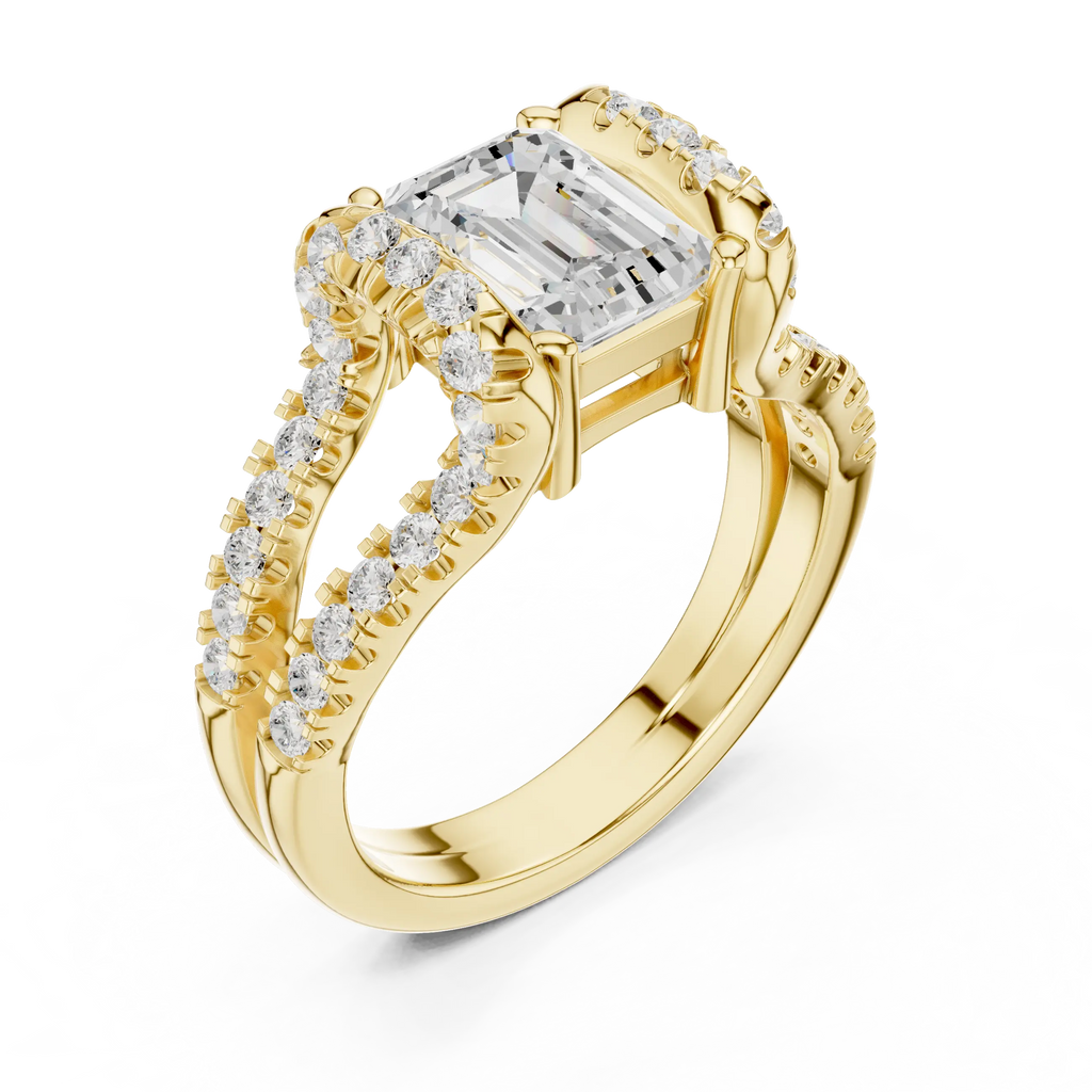 14K White Gold Emerald Cut Diamond U-Shape Split Shank Ring