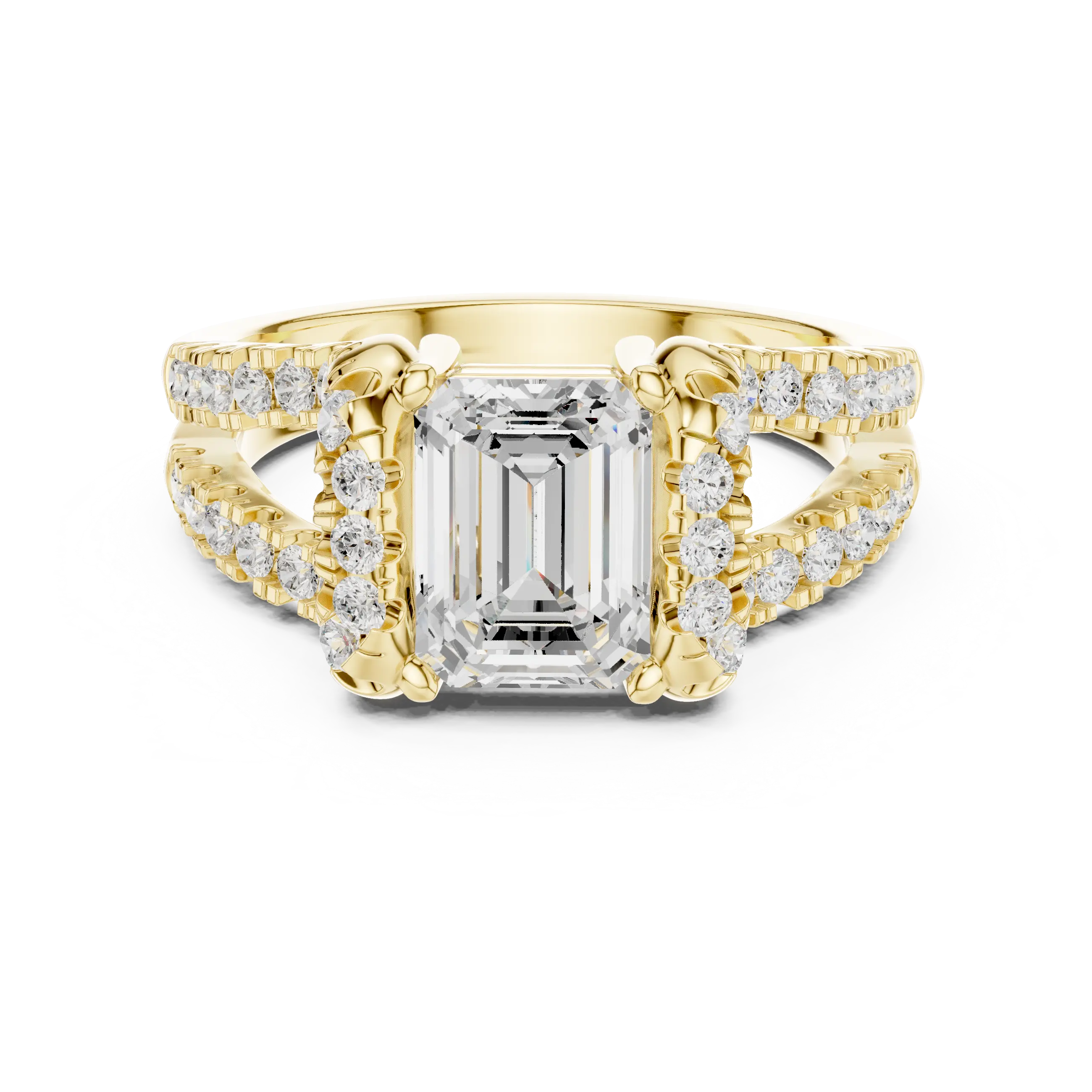 14K White Gold Emerald Cut Diamond U-Shape Split Shank Ring