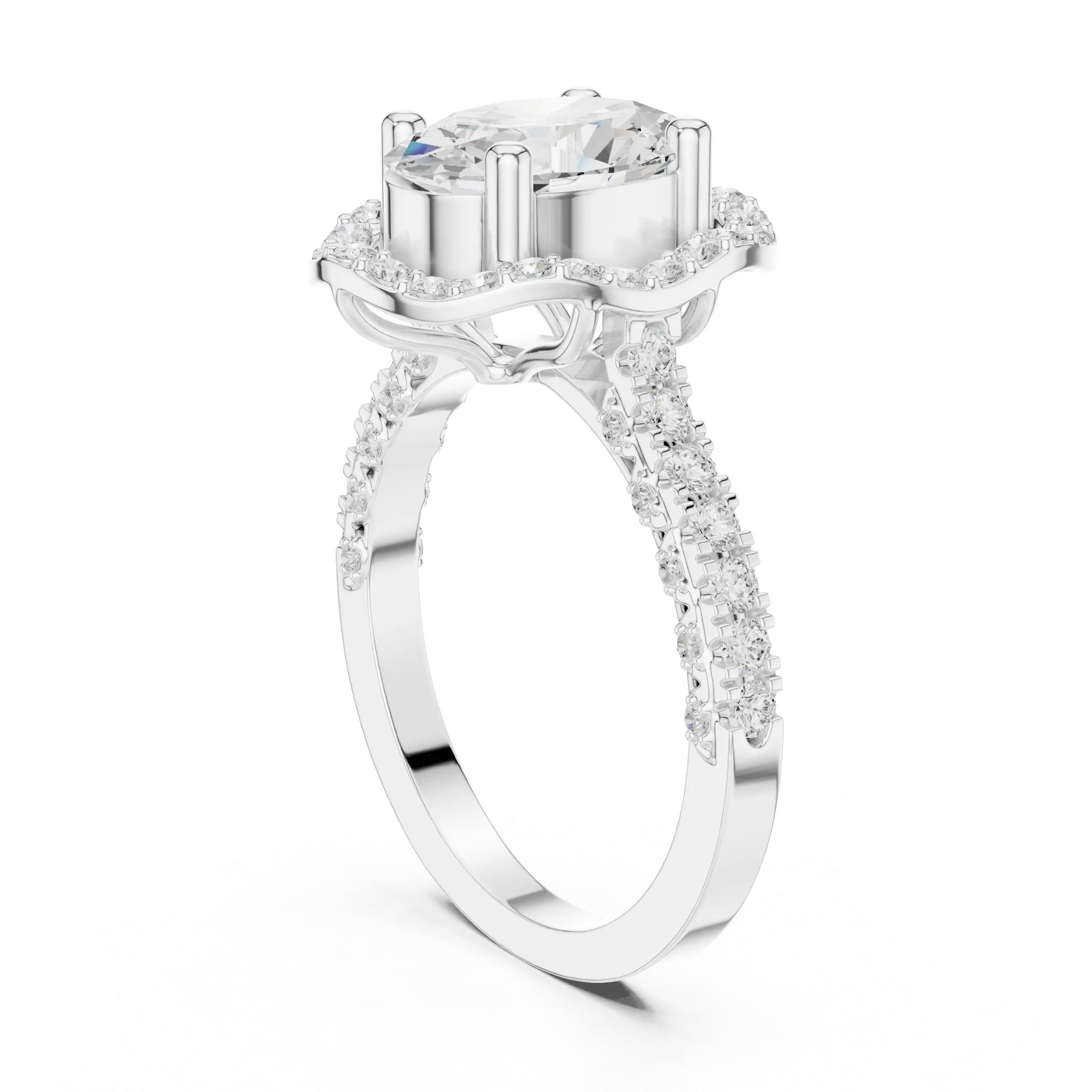 10K White Gold Oval Lab Grown Diamond Scalloped Halo Engagement Ring