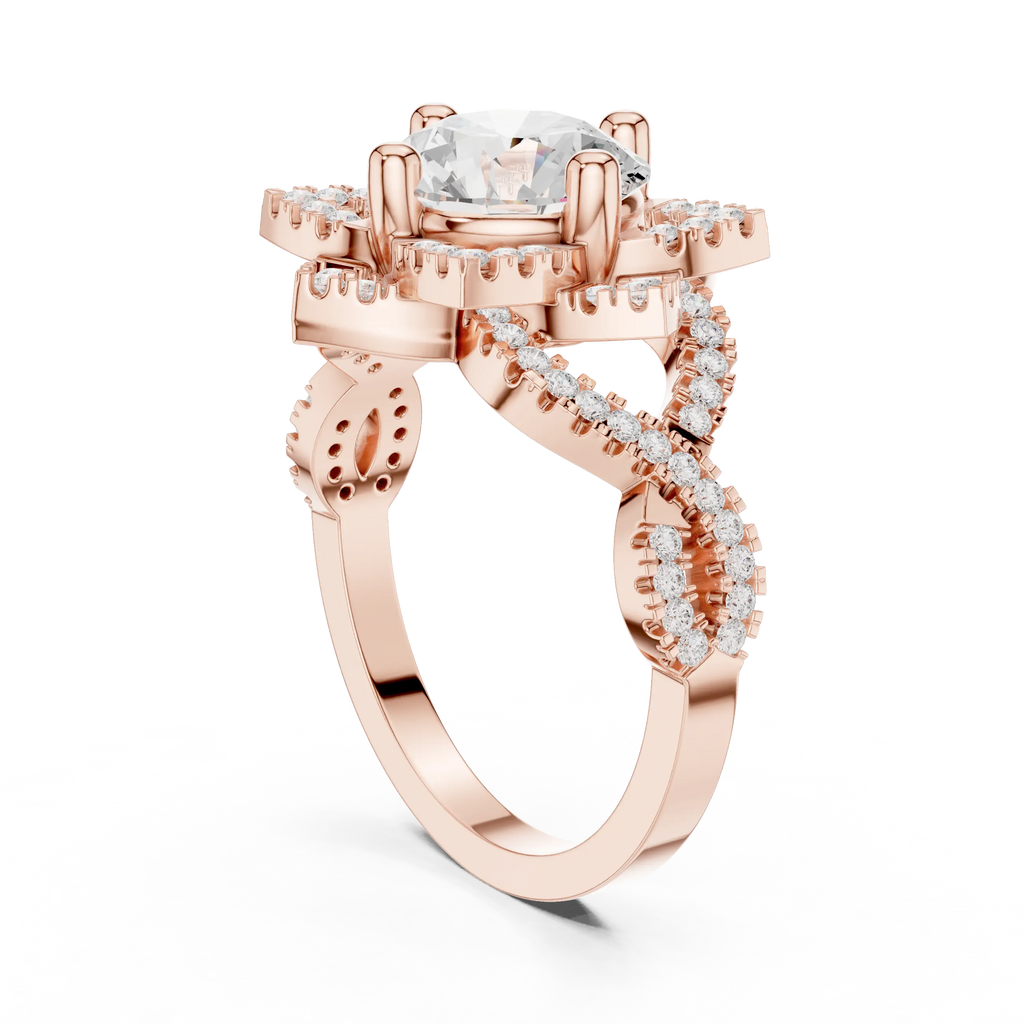 14K White Gold Round Moissanite Diamond Floral Starburst Halo Ring