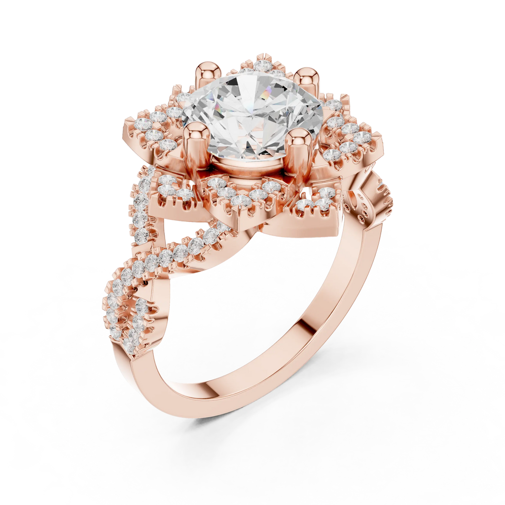14K White Gold Round Moissanite Diamond Floral Starburst Halo Ring