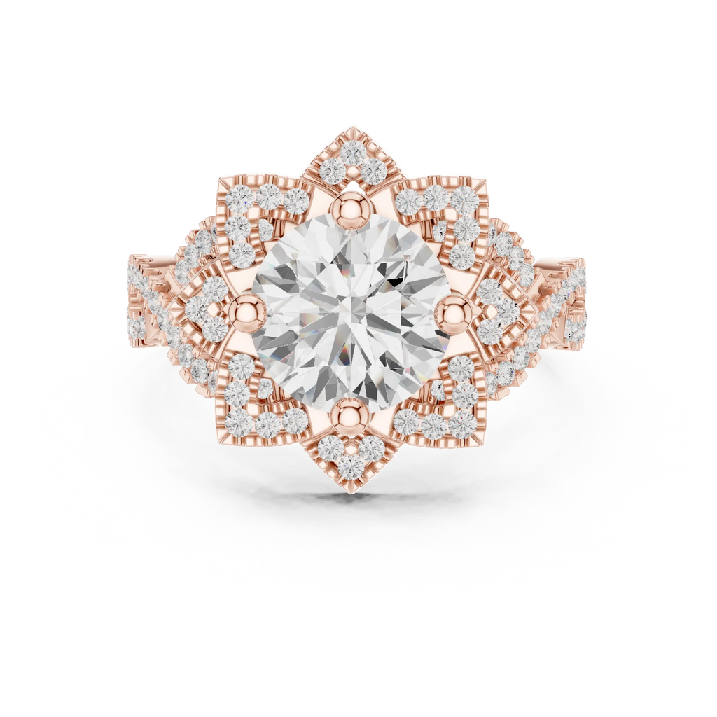 14K White Gold Round Moissanite Diamond Floral Starburst Halo Ring