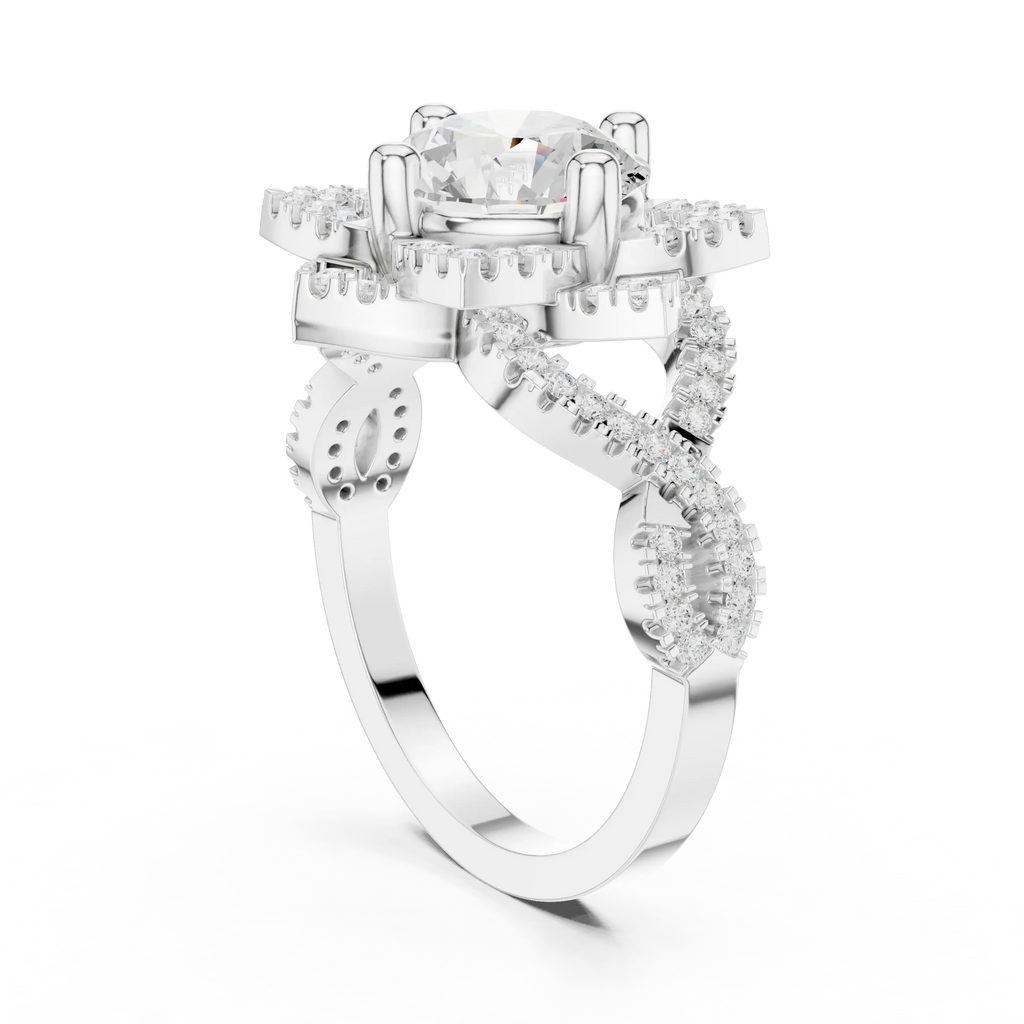 14K White Gold Round Moissanite Diamond Floral Starburst Halo Ring