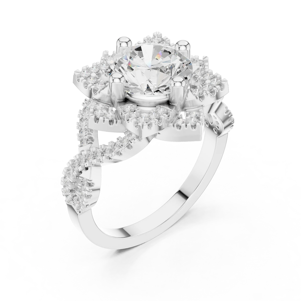 14K White Gold Round Moissanite Diamond Floral Starburst Halo Ring