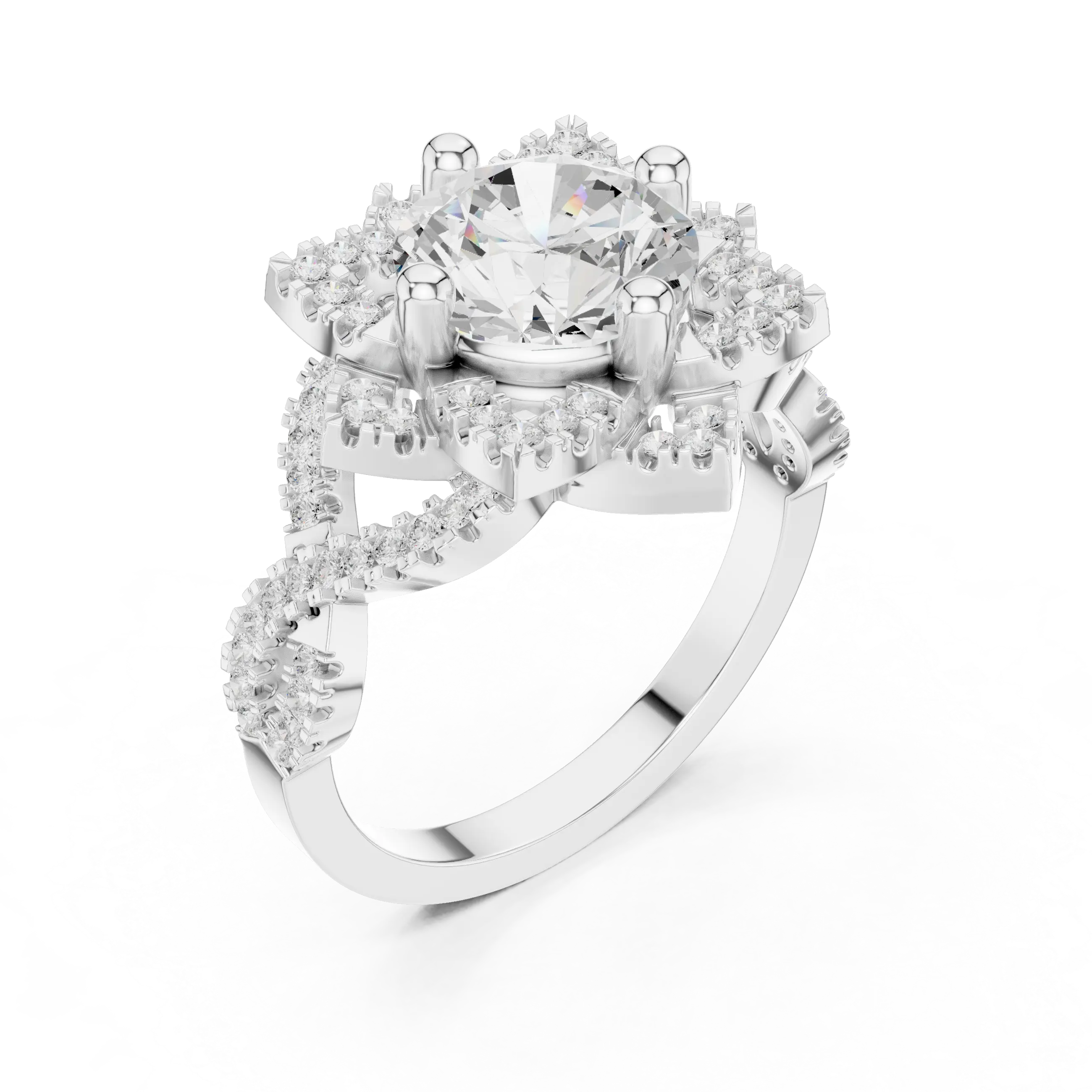 14K White Gold Round Moissanite Diamond Floral Starburst Halo Ring