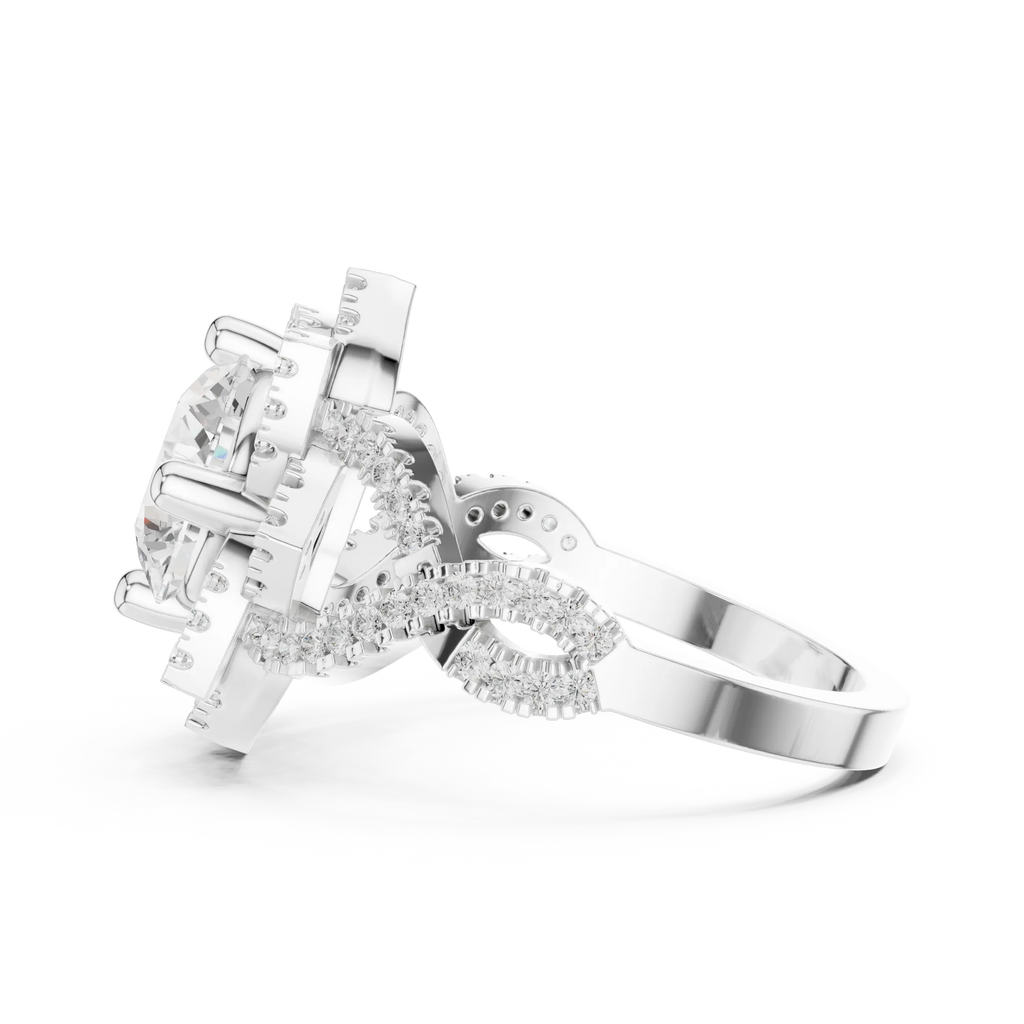 14K White Gold Round Moissanite Diamond Floral Starburst Halo Ring