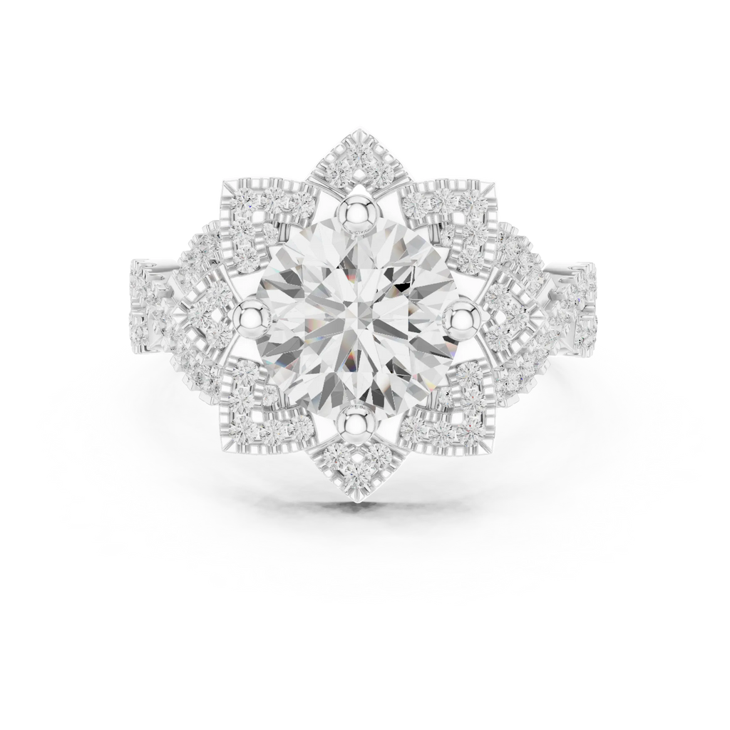 14K White Gold Round Moissanite Diamond Floral Starburst Halo Ring