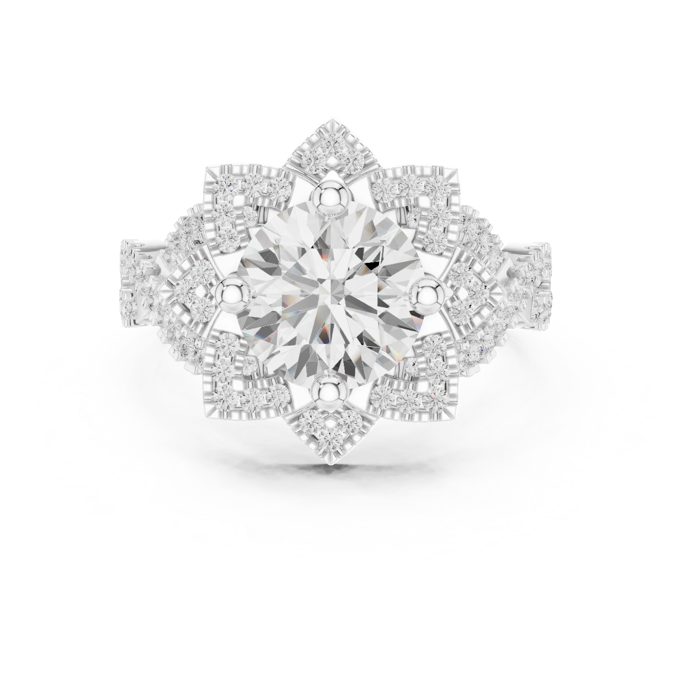 14K White Gold Round Moissanite Diamond Floral Starburst Halo Ring