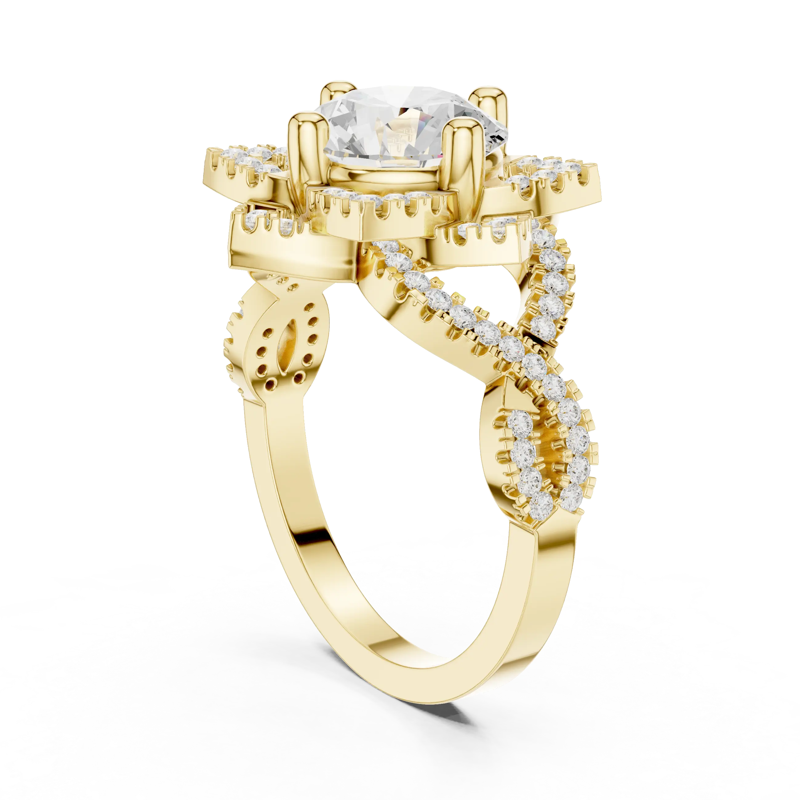 14K White Gold Round Moissanite Diamond Floral Starburst Halo Ring
