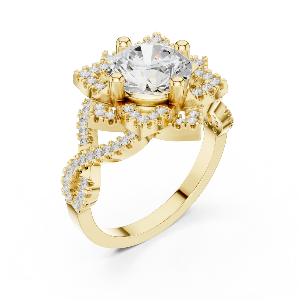 14K White Gold Round Moissanite Diamond Floral Starburst Halo Ring