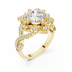 14K White Gold Round Moissanite Diamond Floral Starburst Halo Ring