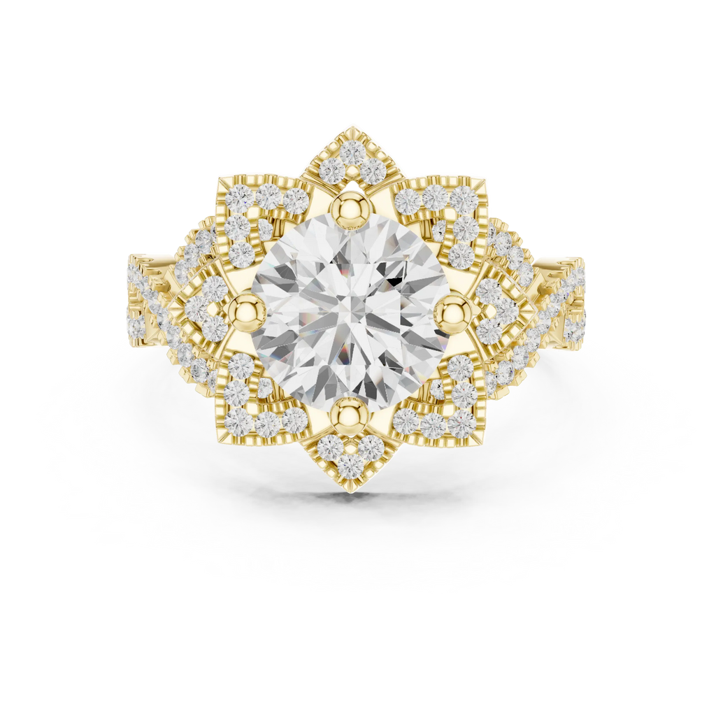 14K White Gold Round Moissanite Diamond Floral Starburst Halo Ring