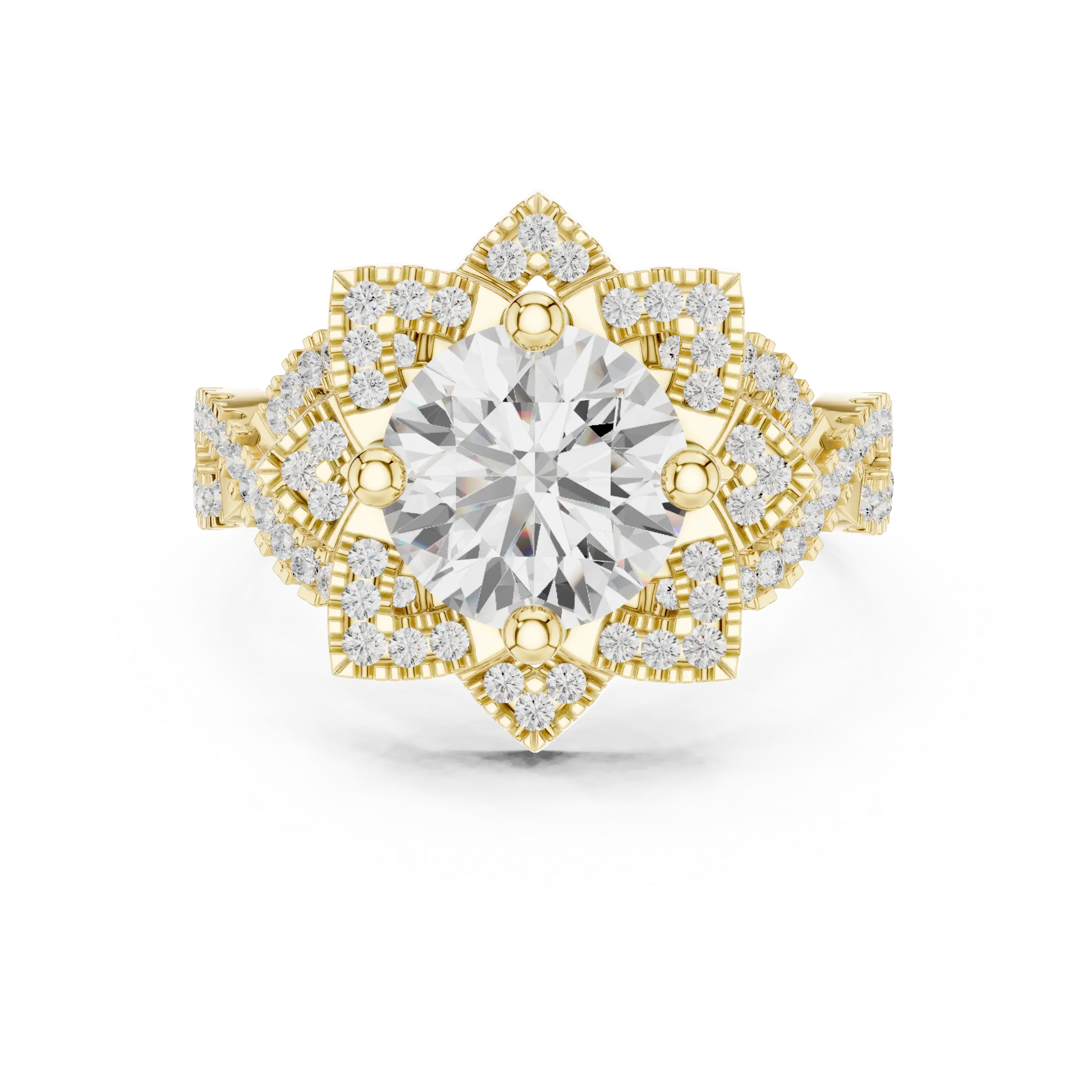 14K White Gold Round Moissanite Diamond Floral Starburst Halo Ring