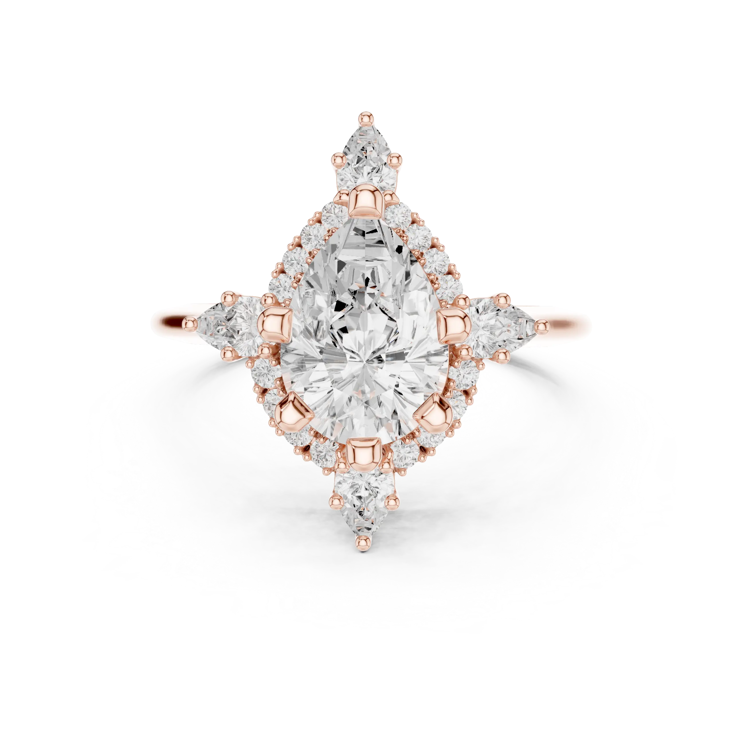 18K White Gold Pear Cut Diamond Sunburst Floral Halo Ring