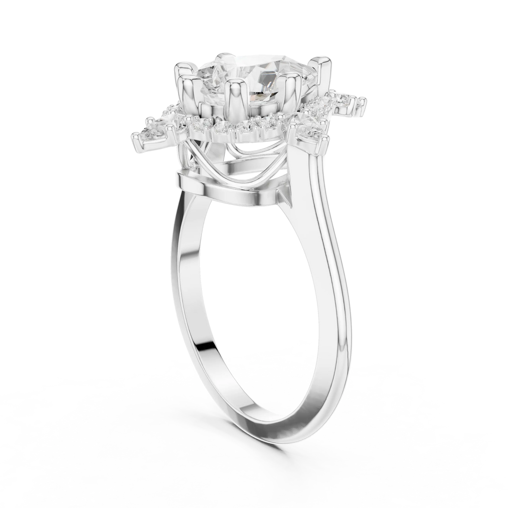 18K White Gold Pear Cut Diamond Sunburst Floral Halo Ring