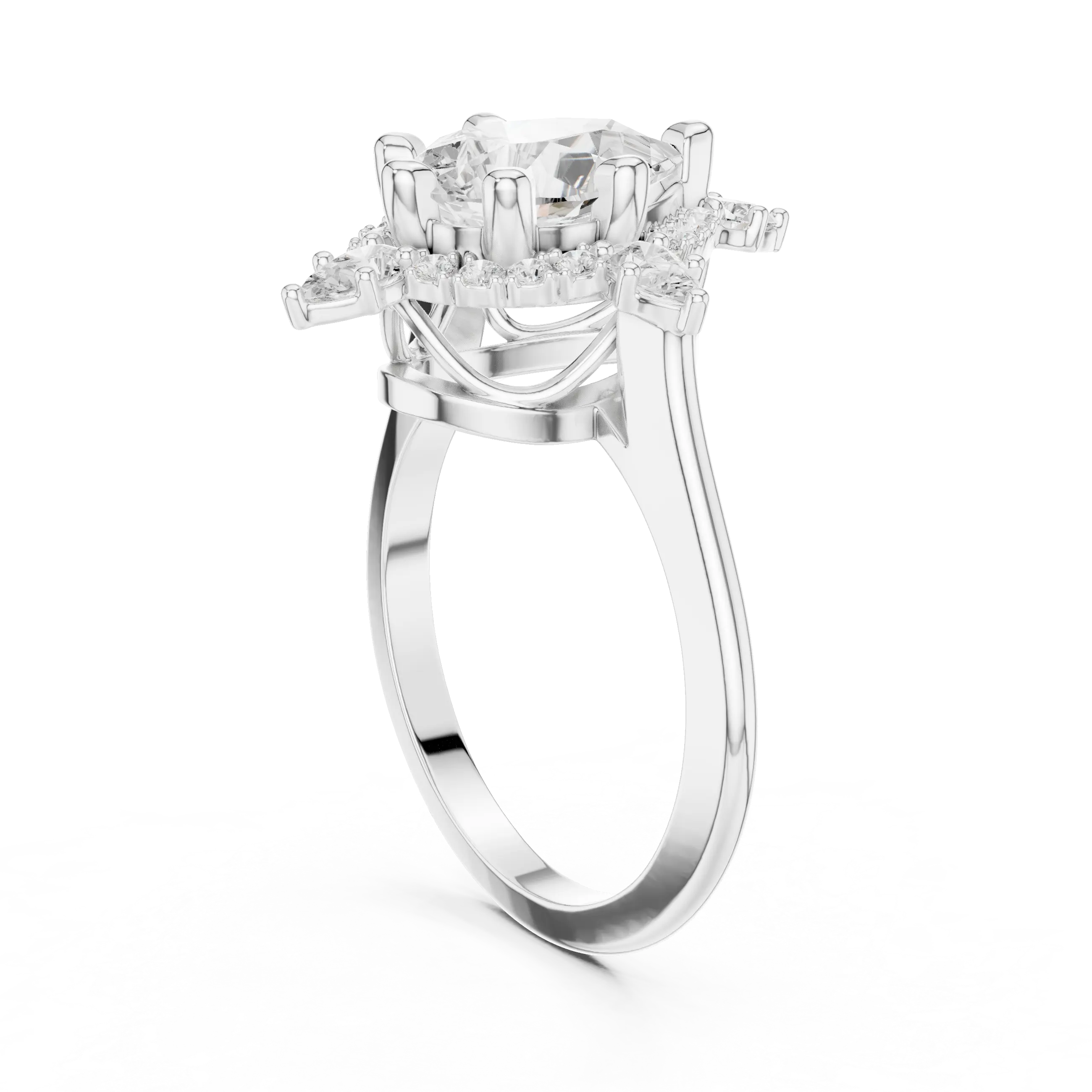 18K White Gold Pear Cut Diamond Sunburst Floral Halo Ring