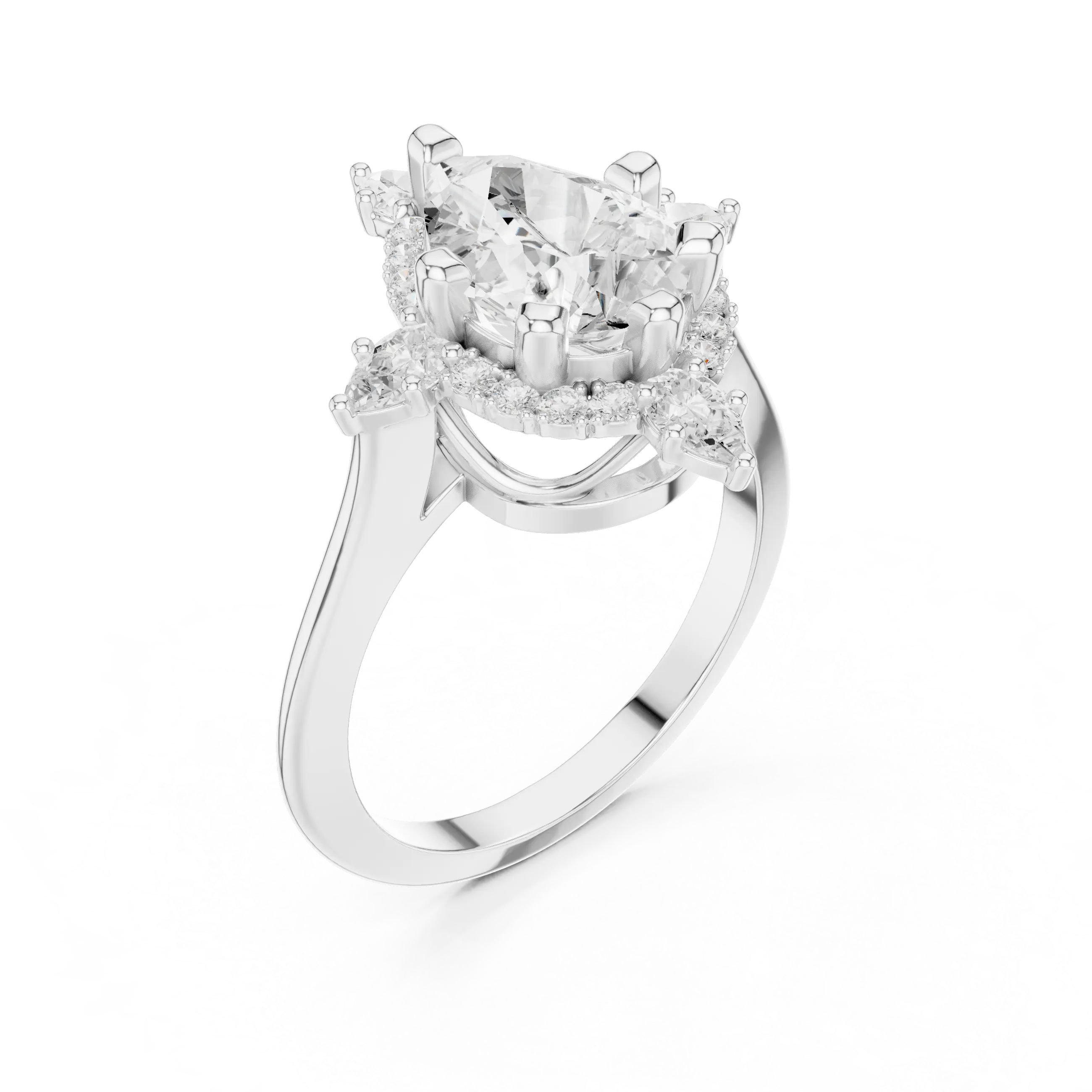 18K White Gold Pear Cut Diamond Sunburst Floral Halo Ring