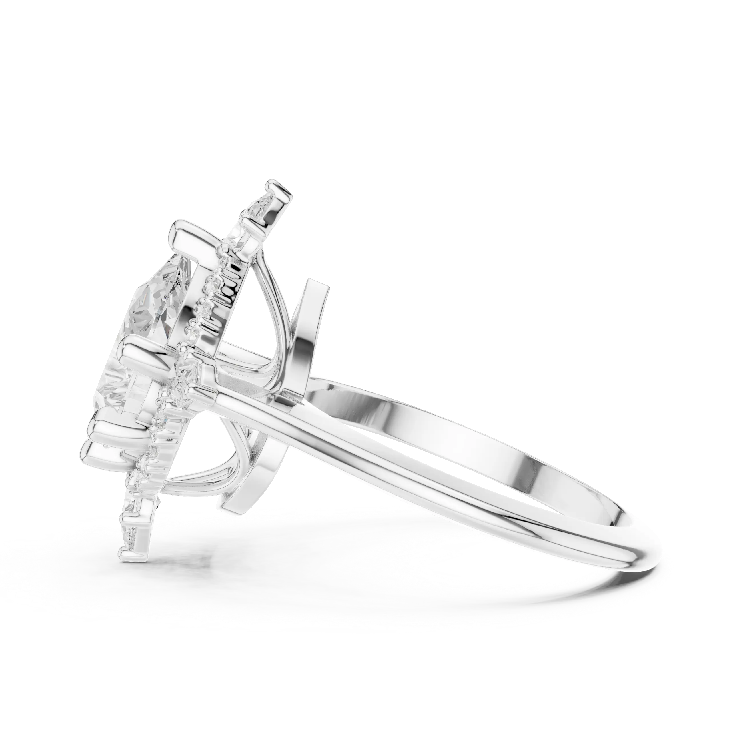 18K White Gold Pear Cut Diamond Sunburst Floral Halo Ring