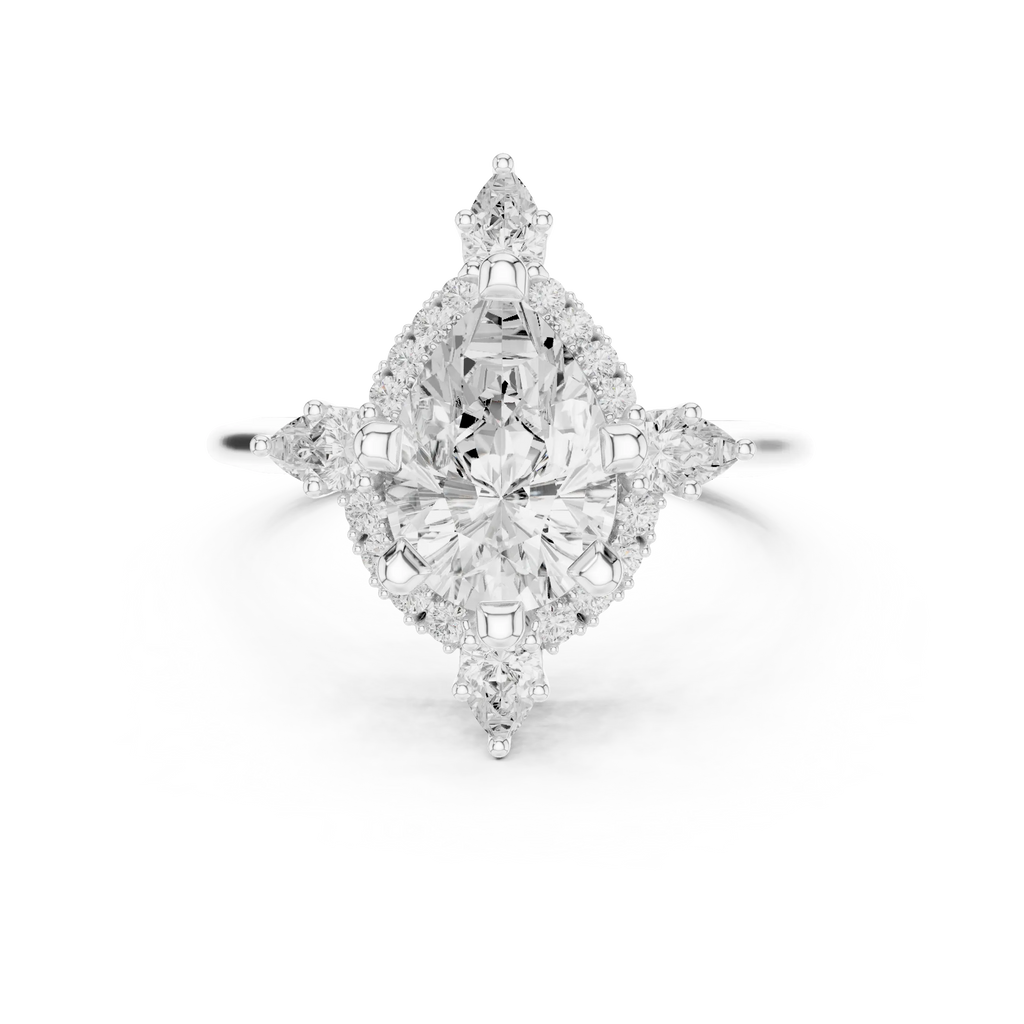 18K White Gold Pear Cut Diamond Sunburst Floral Halo Ring