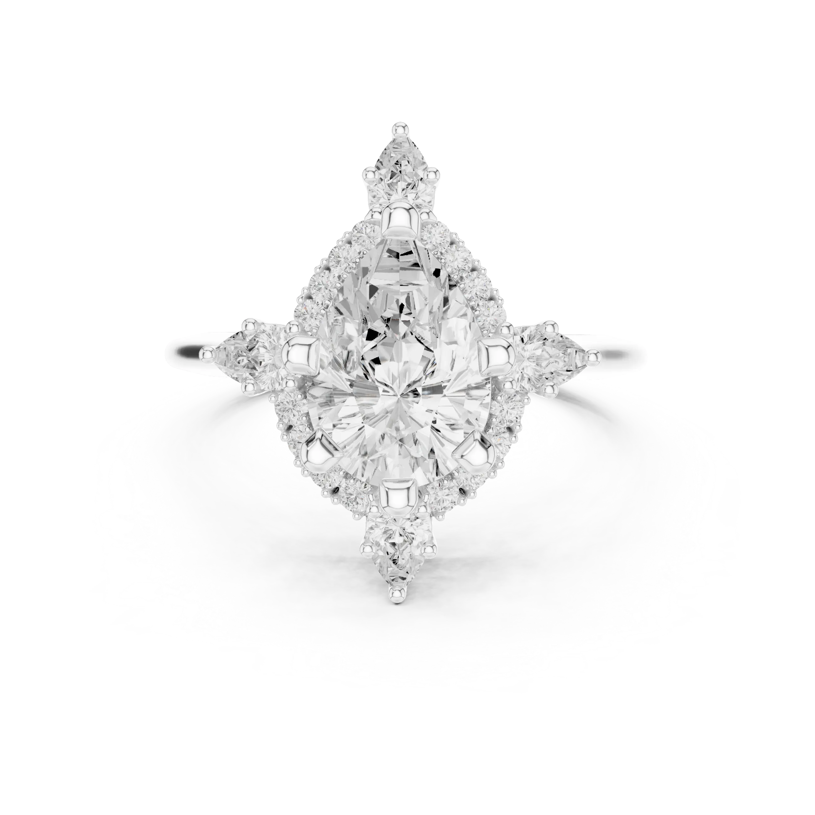 18K White Gold Pear Cut Diamond Sunburst Floral Halo Ring