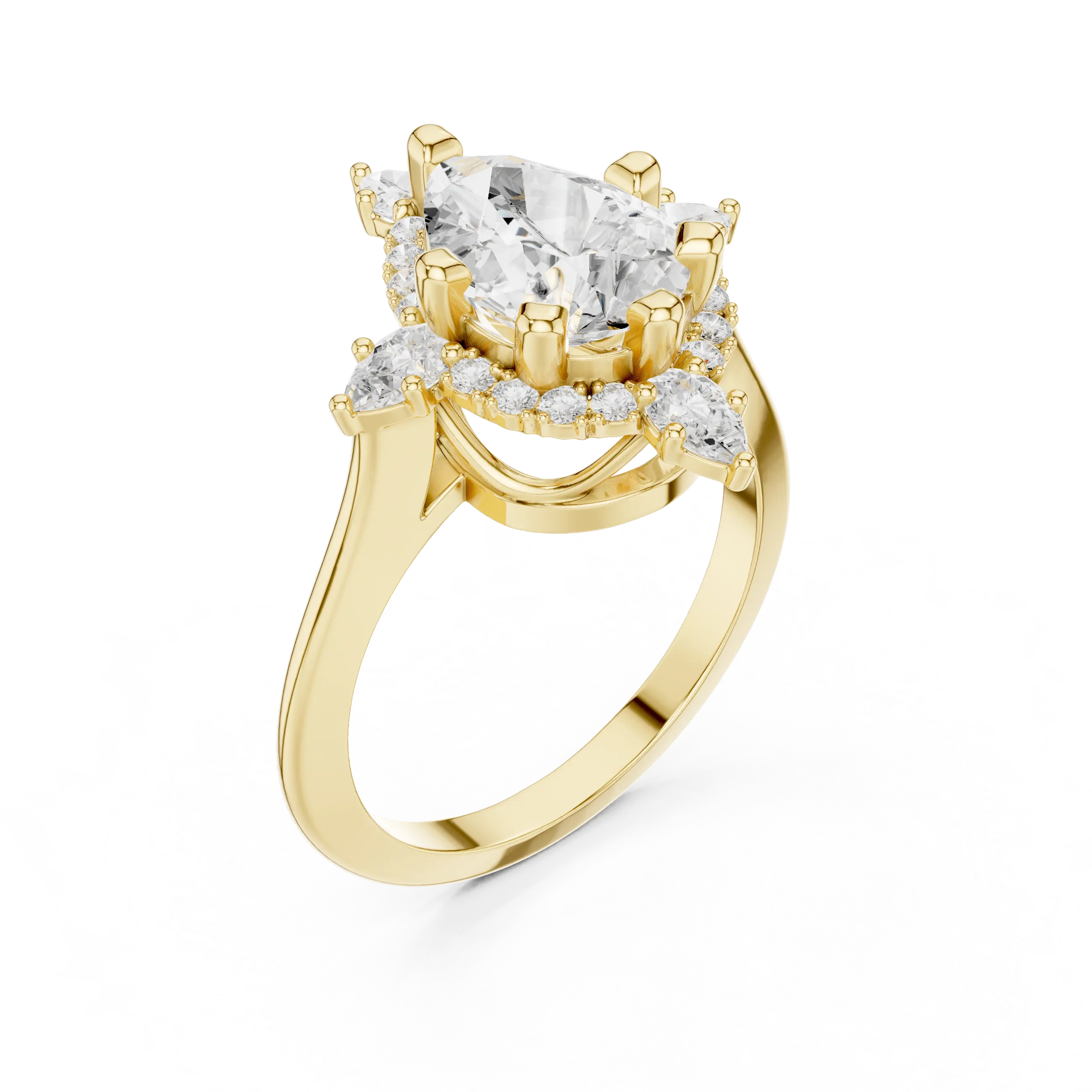 18K White Gold Pear Cut Diamond Sunburst Floral Halo Ring
