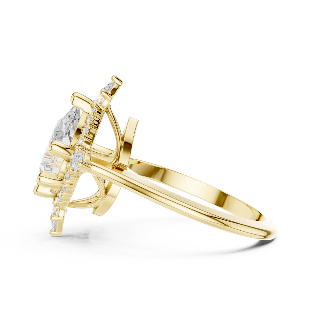 18K White Gold Pear Cut Diamond Sunburst Floral Halo Ring