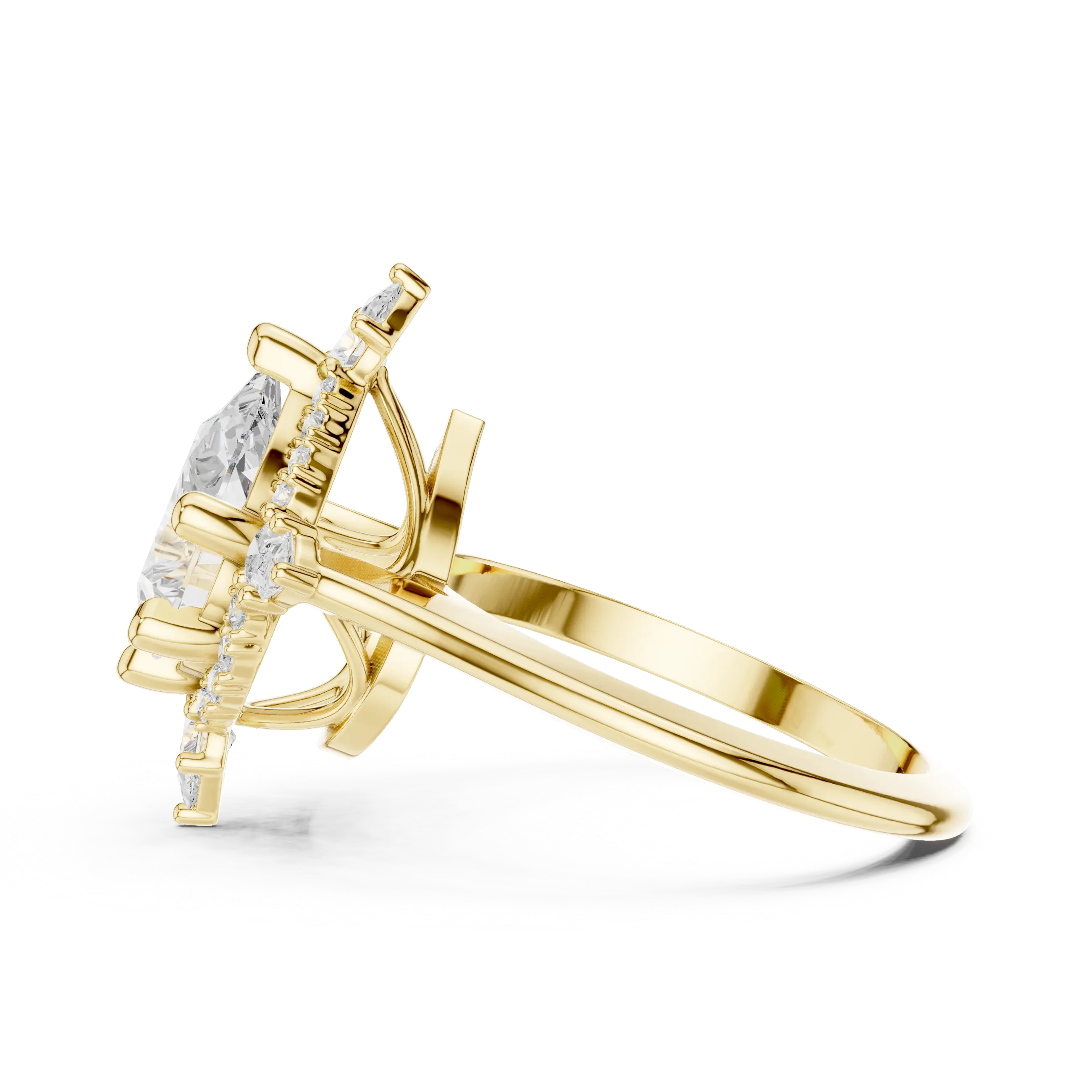 18K White Gold Pear Cut Diamond Sunburst Floral Halo Ring