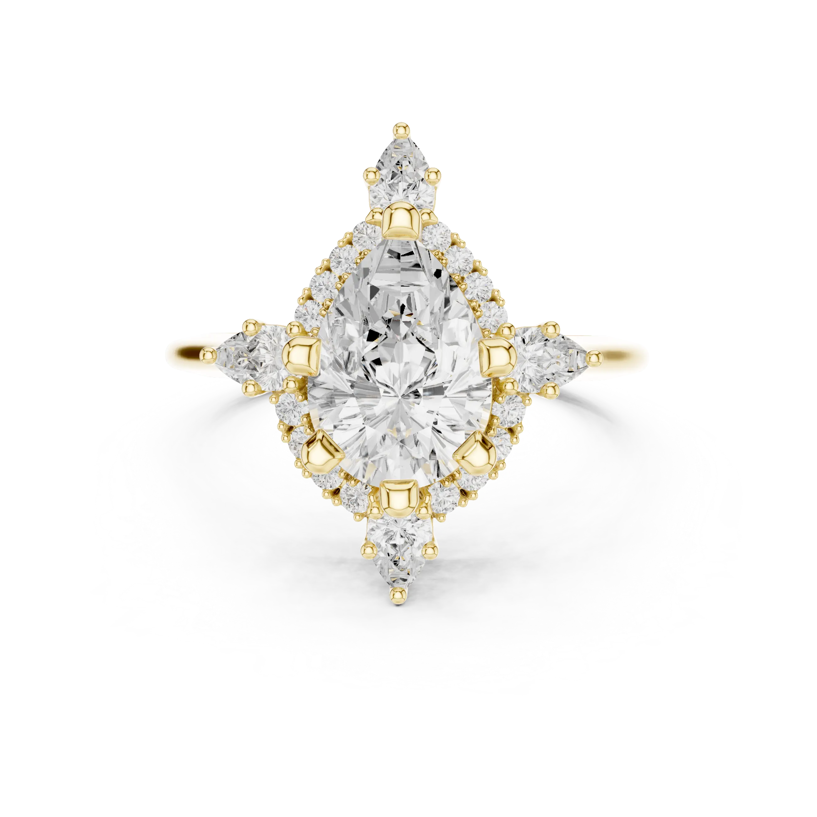 18K White Gold Pear Cut Diamond Sunburst Floral Halo Ring