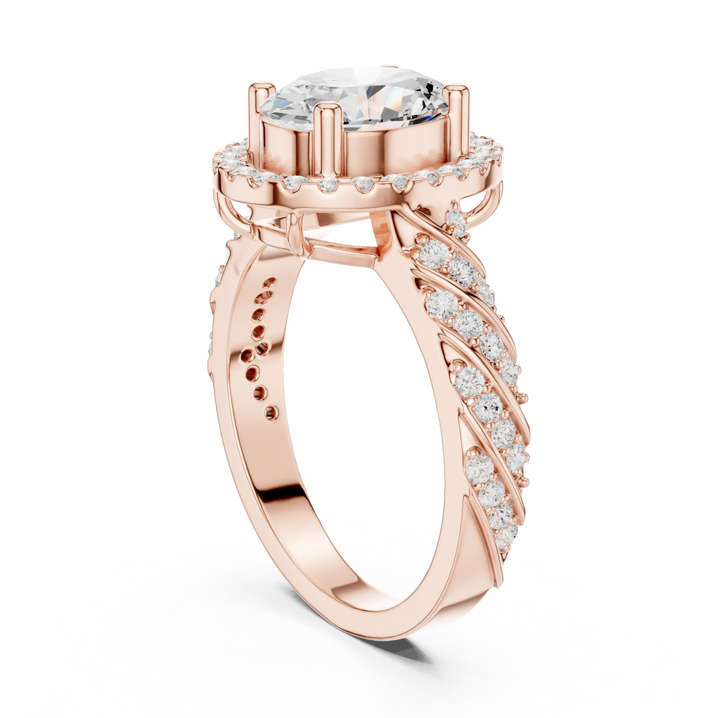 10K White Gold Oval Diamond Rope Texture Halo Ring