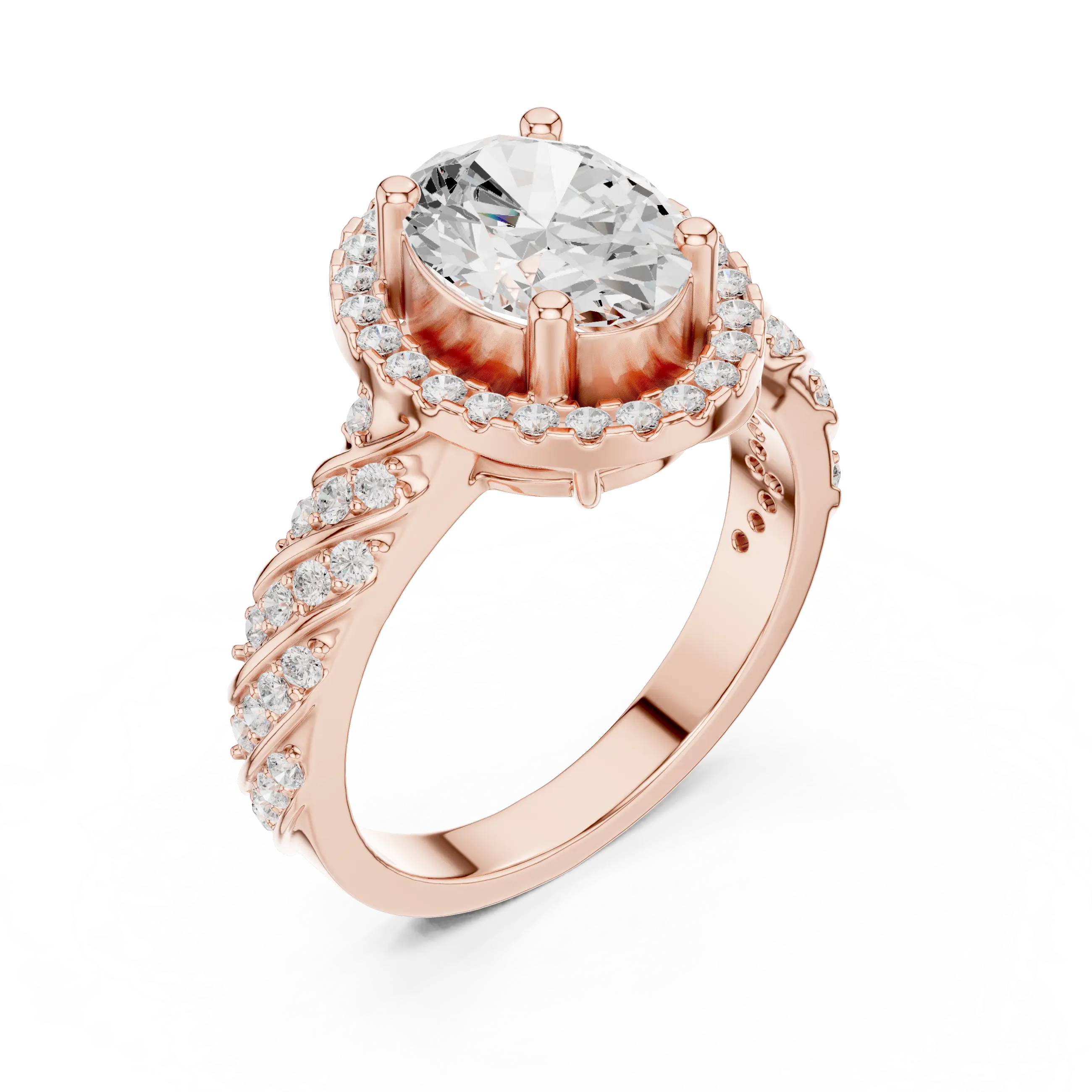 10K White Gold Oval Diamond Rope Texture Halo Ring