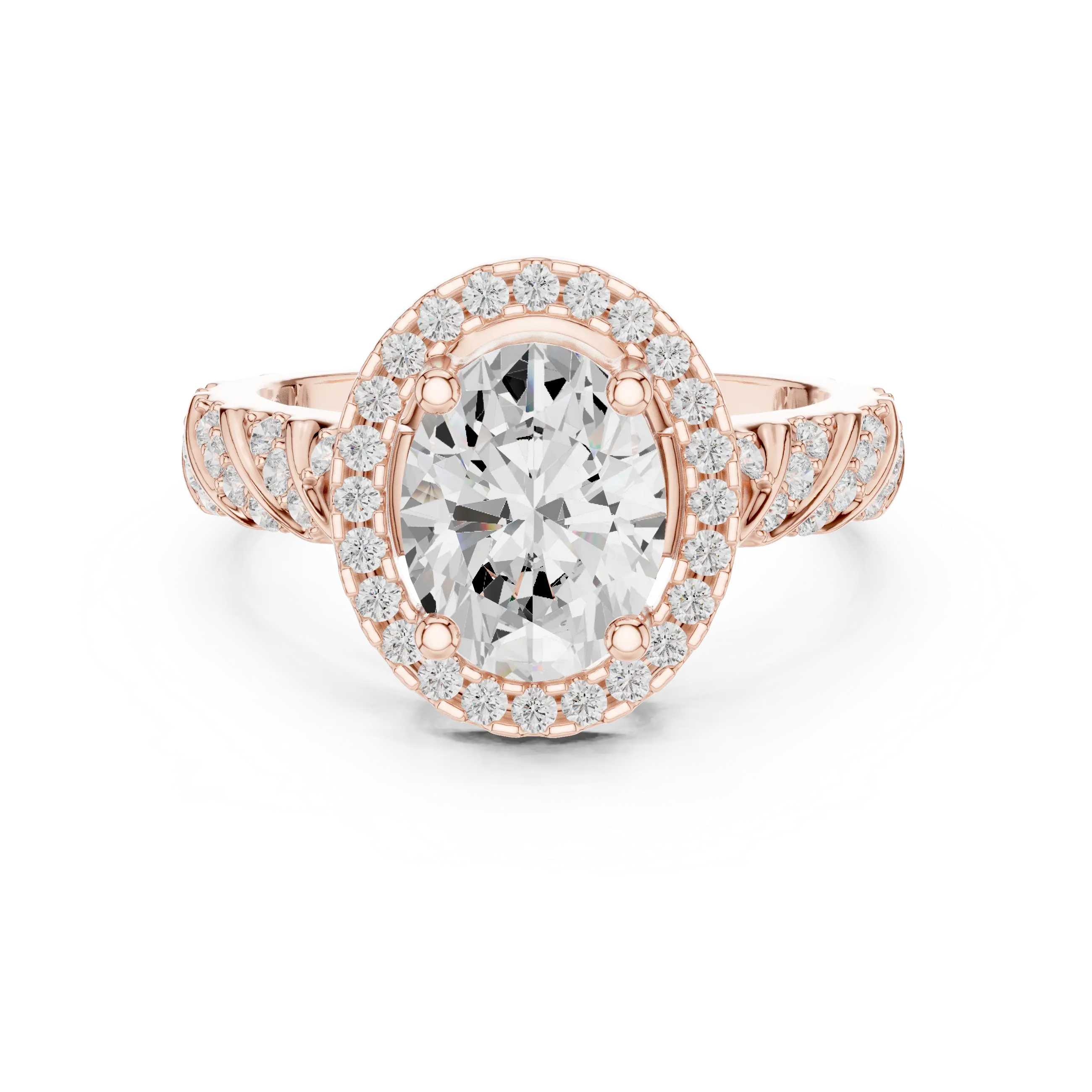 10K White Gold Oval Diamond Rope Texture Halo Ring