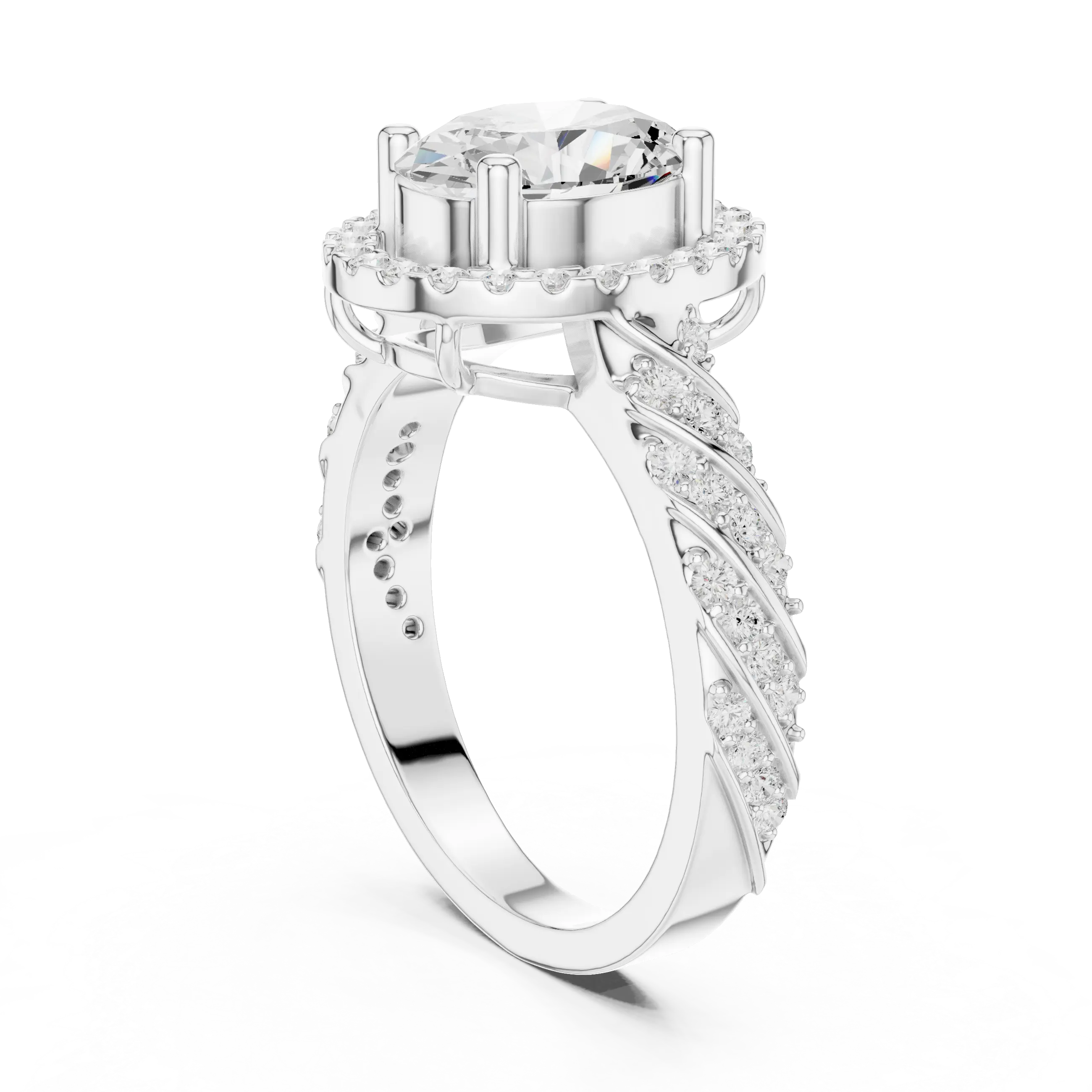 10K White Gold Oval Diamond Rope Texture Halo Ring