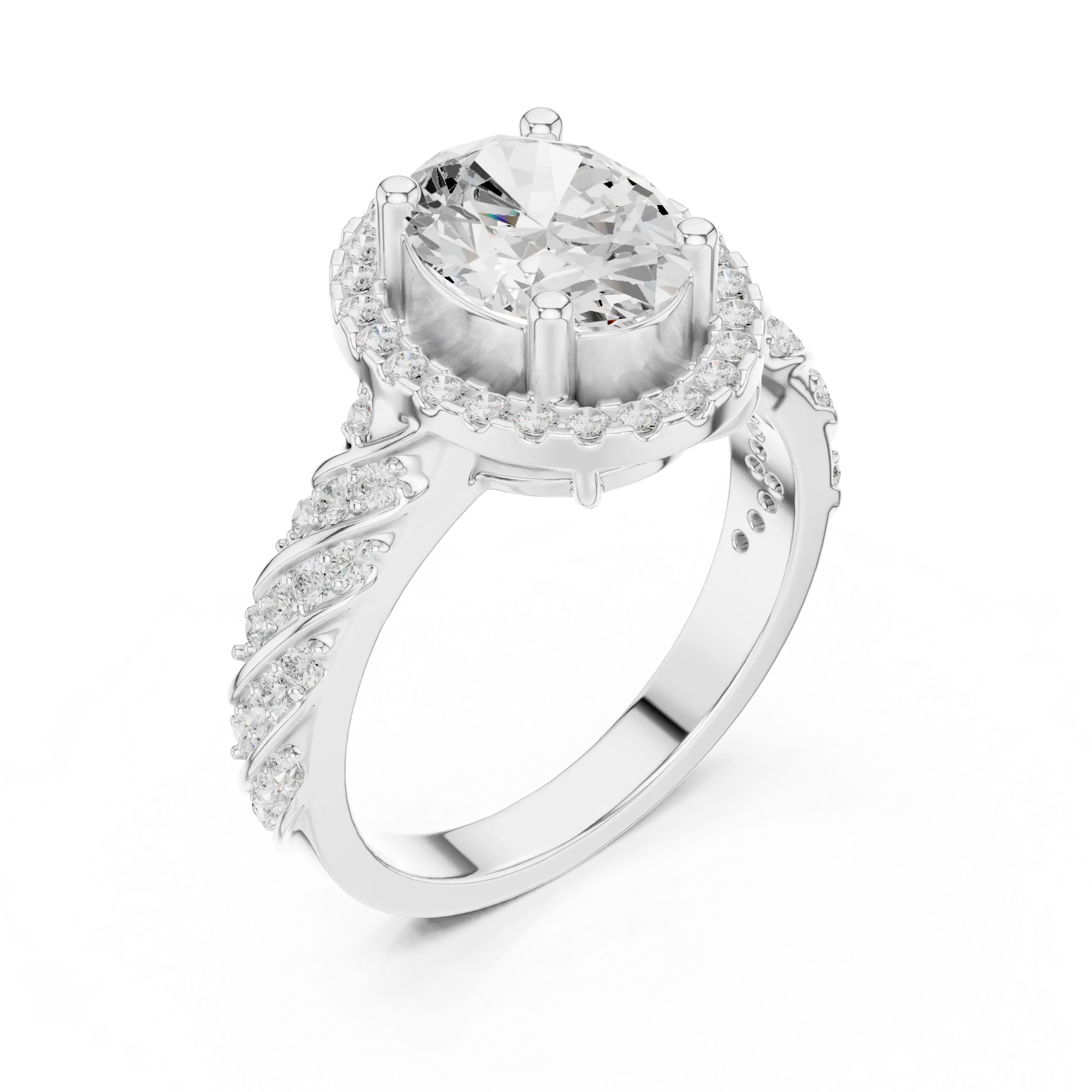 10K White Gold Oval Diamond Rope Texture Halo Ring