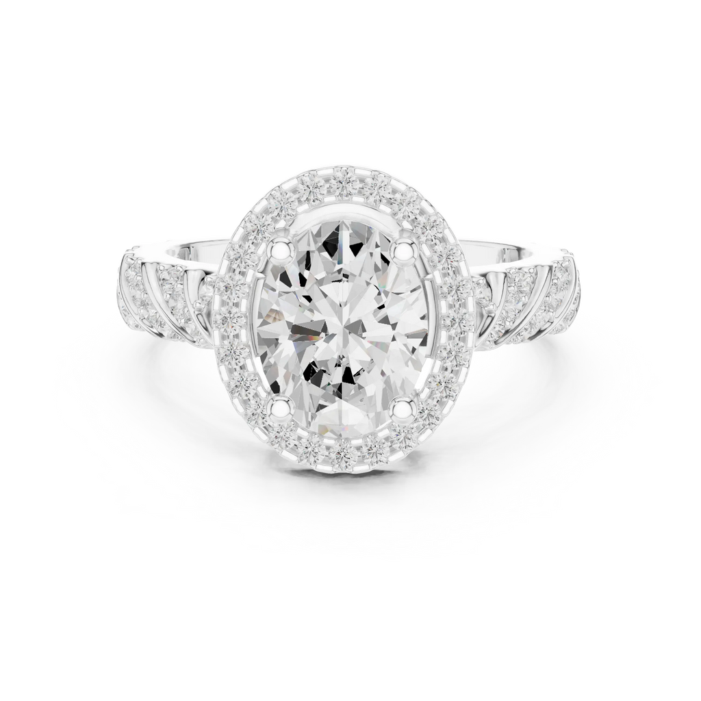 10K White Gold Oval Diamond Rope Texture Halo Ring
