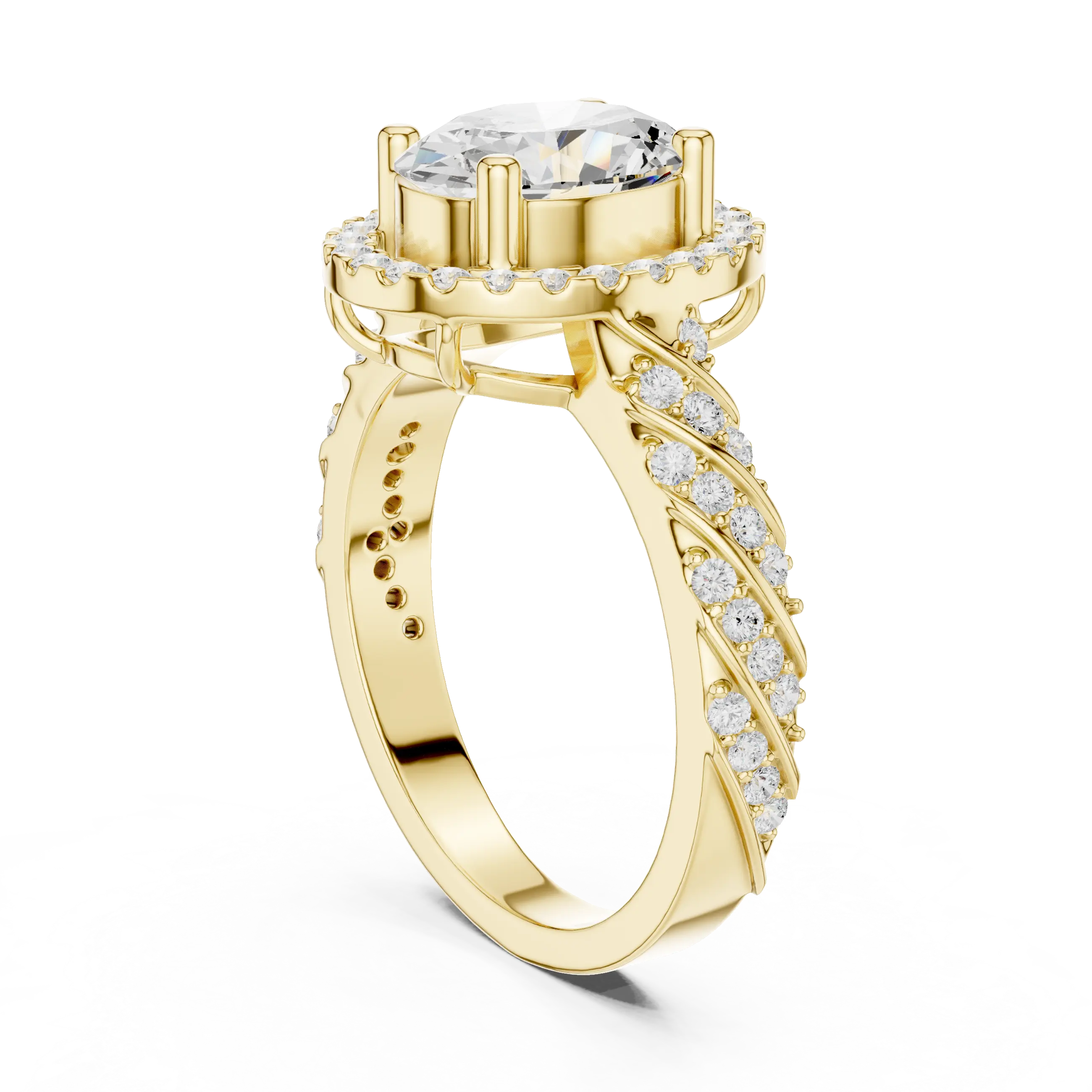 10K White Gold Oval Diamond Rope Texture Halo Ring