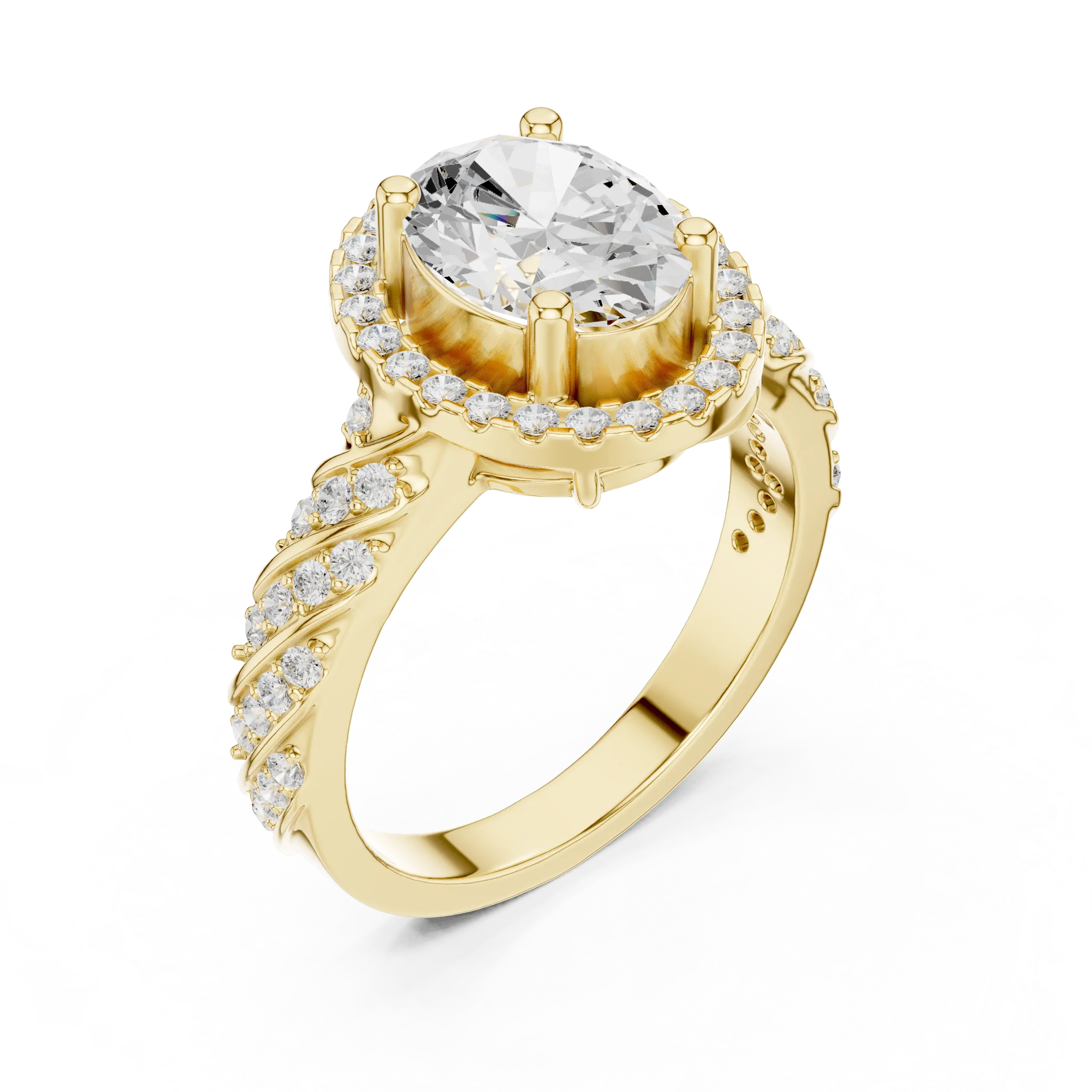 10K White Gold Oval Diamond Rope Texture Halo Ring